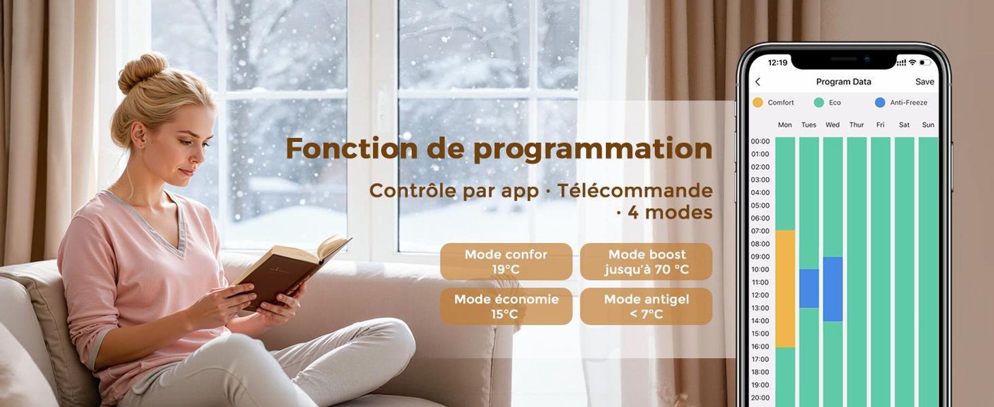S'AFIELINA thermoplongeur avec thermostat 900W, minuterie programmable & affichage LCD, WiFi, pour radiateur de salle de bain, acier inoxydable, contrôle intelligent, anthracite