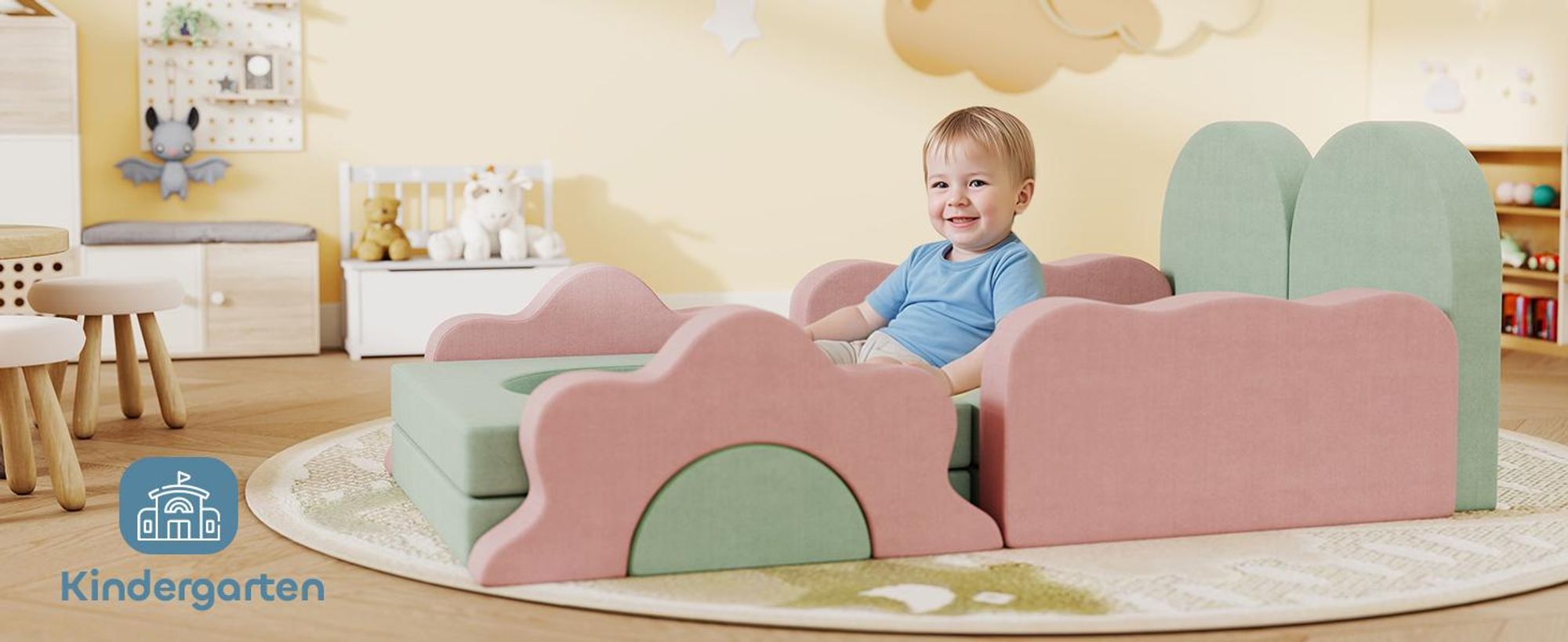 Sofa do zabawy AIYAPLAY, sofa dziecięca wykonana z piankowych klocków konstrukcyjnych 12 elementów, miękkie klocki do wspinaczki z basenem z piłeczkami, zestaw klocków, duże klocki, piankowe klocki do wspinaczki dla dzieci w kolorze sztruksu, zielone