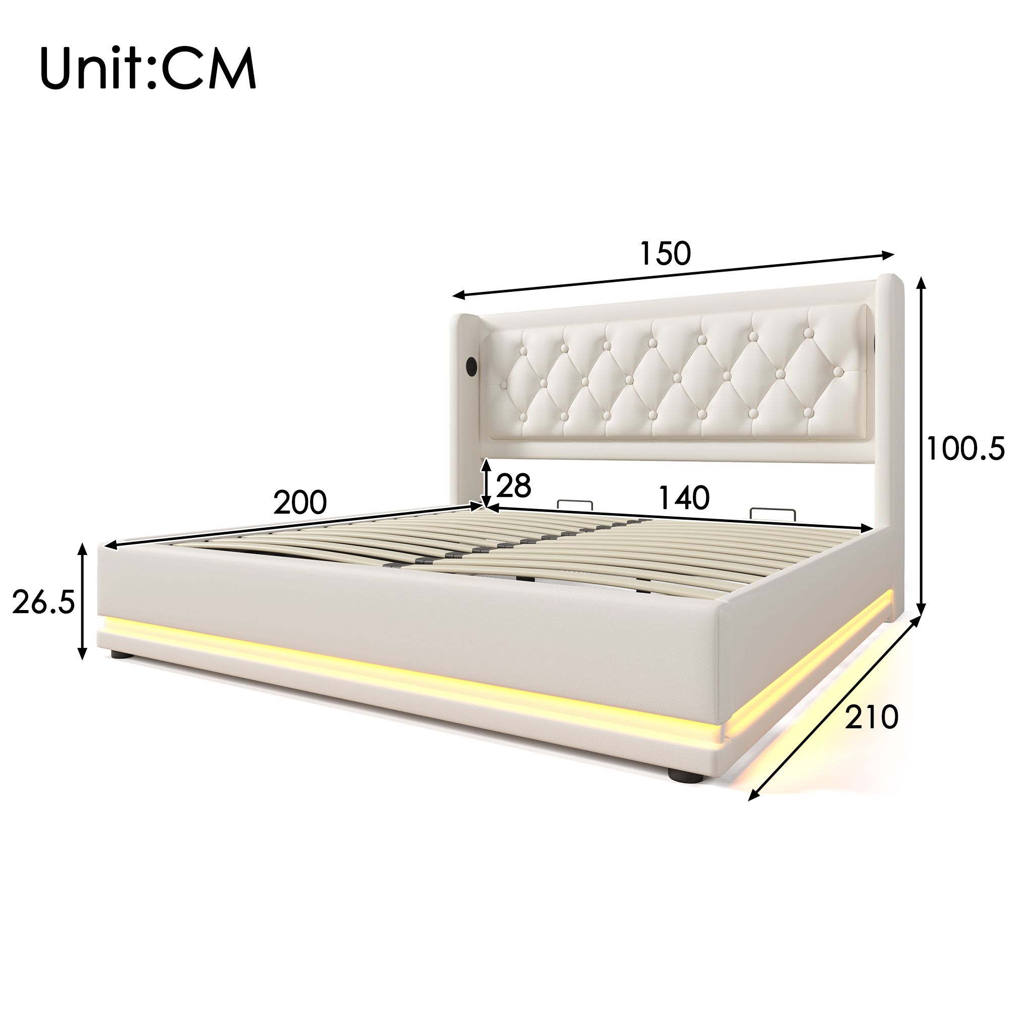 Flieks Polsterbett 140x200cm mit USB & Typ-C, Doppelbett Jugendbett mit LED, Hydraulisches Stauraumbett Boxspringbett mit Lattenrost, Kunstleder, Weiß