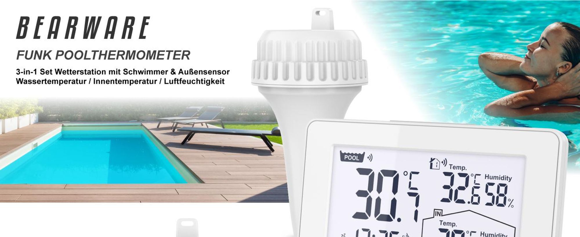 BEARWARE Funk Poolthermometer, Schwimmthermometer, Wasserthermometer mit Wetterstation, Reichweite bis 60m, Außensensor, Wassertemperatur, Luftfeuchte, Innen- und Außentemperatur