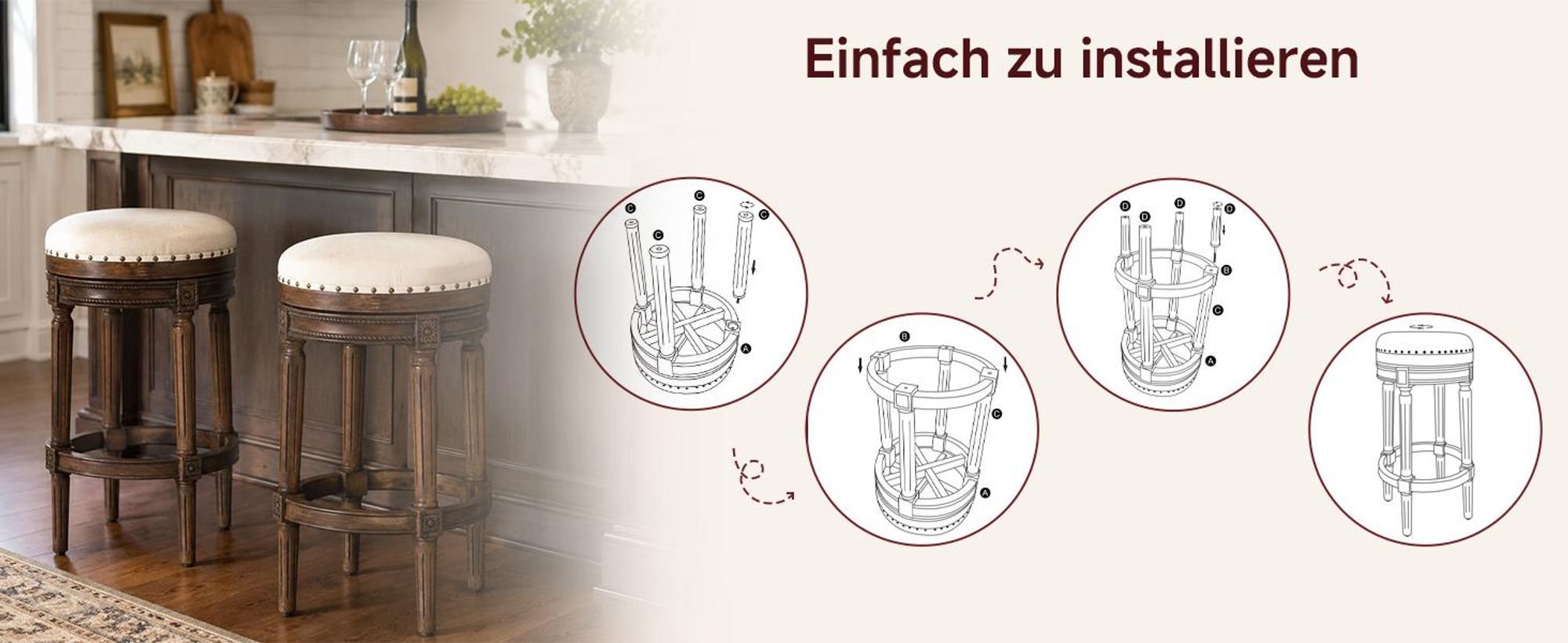 Barhocker Holz drehbar, gepolstert, Retro Design mit Nieten Barhocker Beige ohne Lehne, rutschfest, für Küche und Bar, 40x40x76cm, belastbar bis 260lb