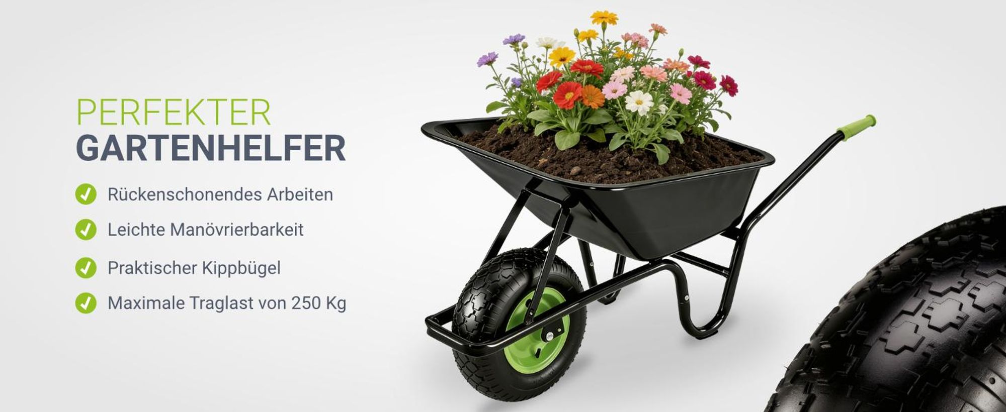 Juskys Schubkarre Garden 100 Liter Volumen - 250 kg - Luftreifen mit Metall Felge Schwarz