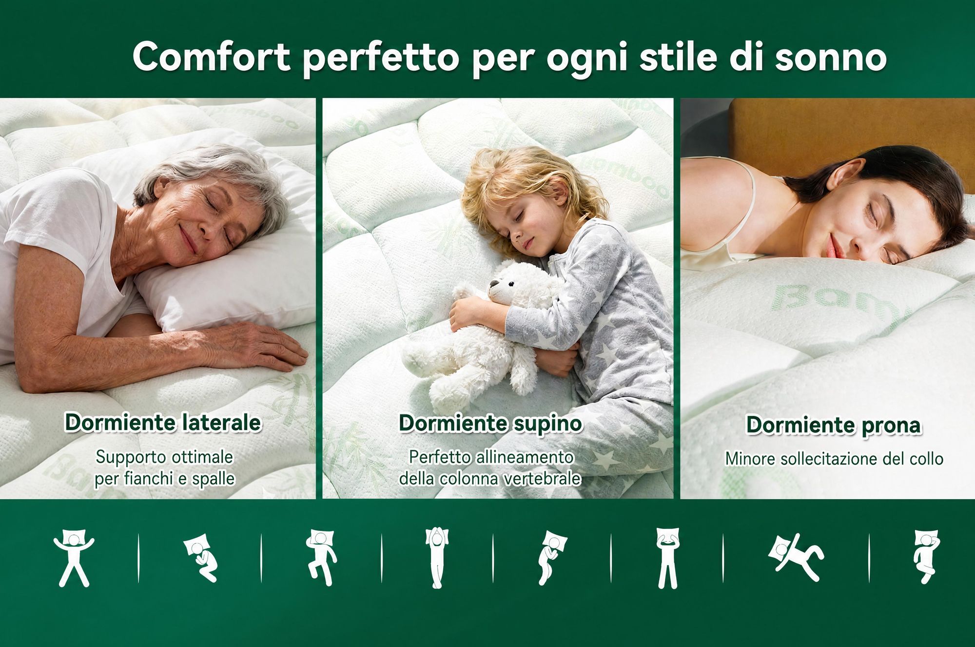 NicePlus, materasso topper 2-in-1, 90x200X7cm, con imbottitura in memory foam a 5 zone e strato superiore in bambù, dotato di angoli elasticizzati per adattarsi a tutti i tipi di materasso, livello di comfort H2/H3, colore verde