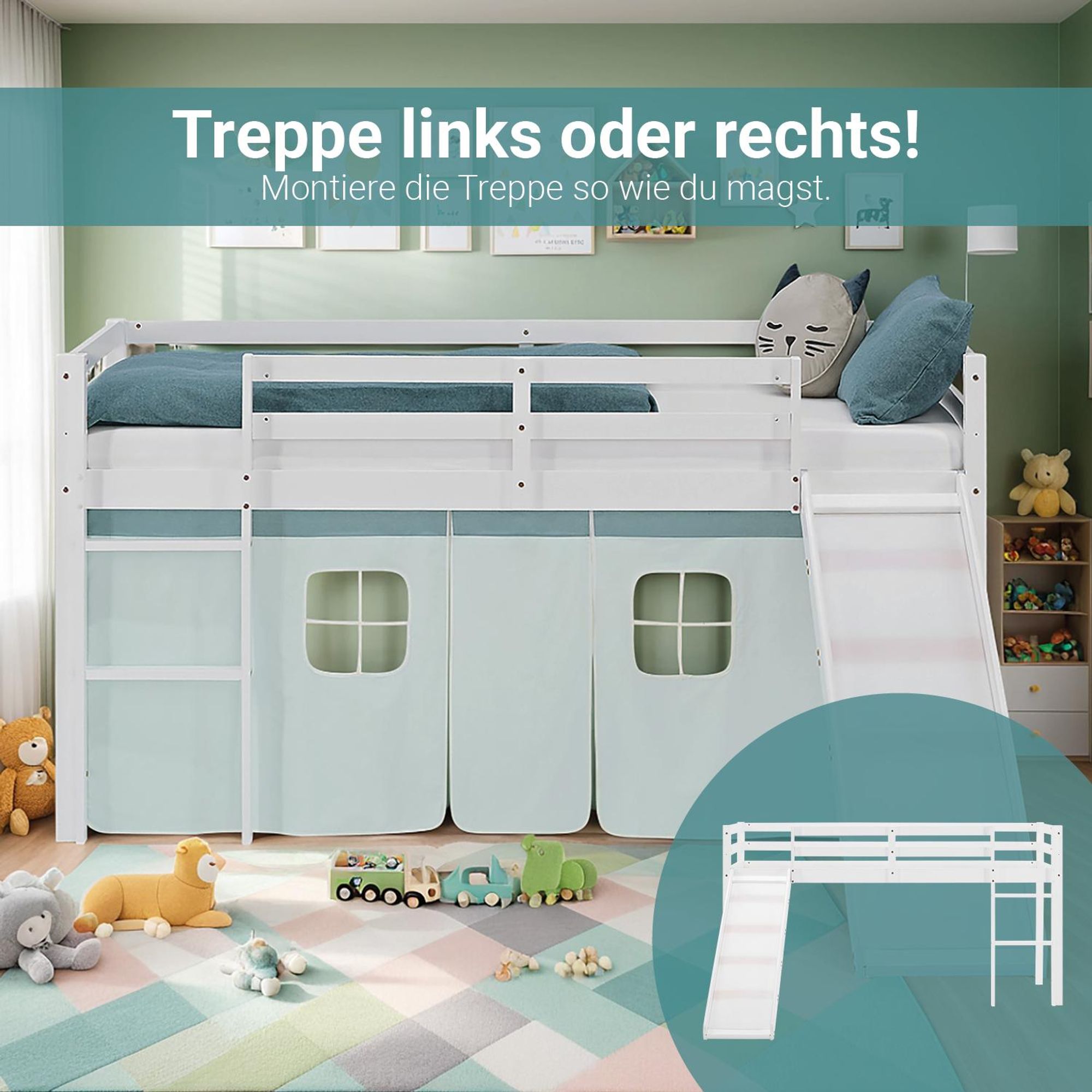 Die Rutsche vom Bett ist links oder rechts montierbar.