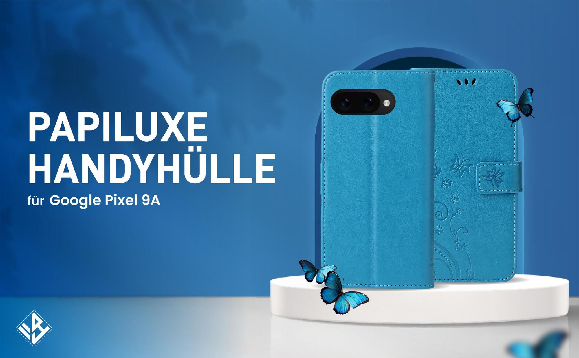 Blaue Klapphülle im Schmetterling Design für Google Pixel 9a mit Wallet-Funktion