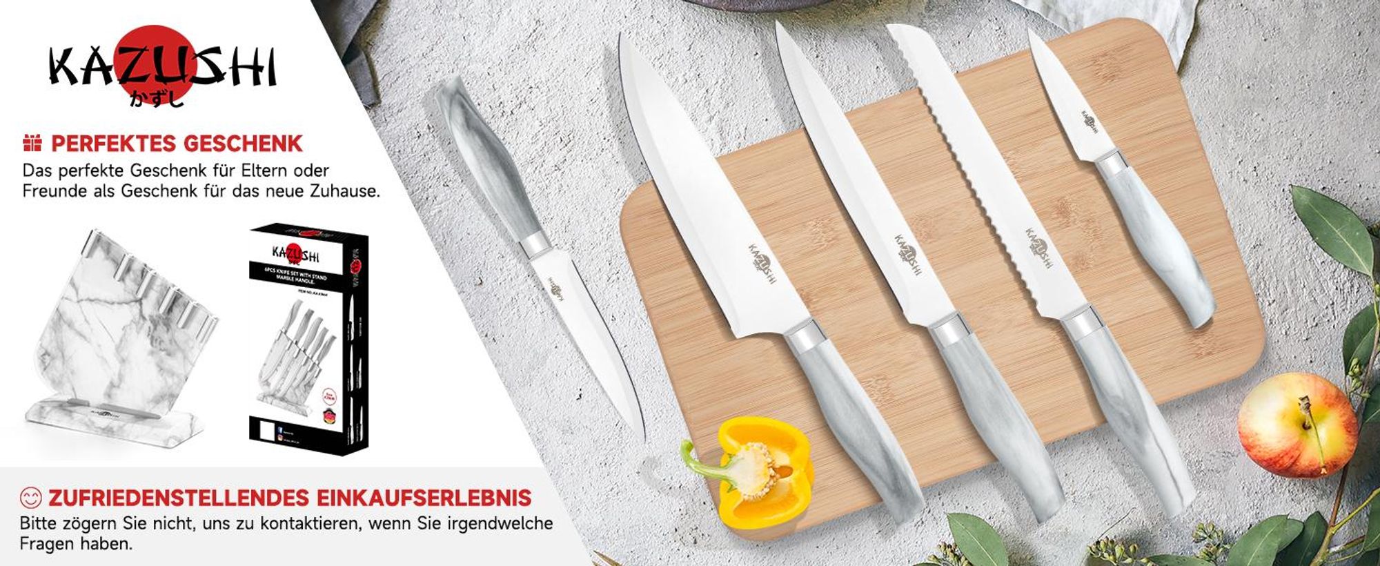 KAZUSHI Messerblock mit Messer 6-teilig, Weiß Scharfe Küchenmesser, Profi Messerset mit Block, Edelstahl Messer Set (KA-KN64)