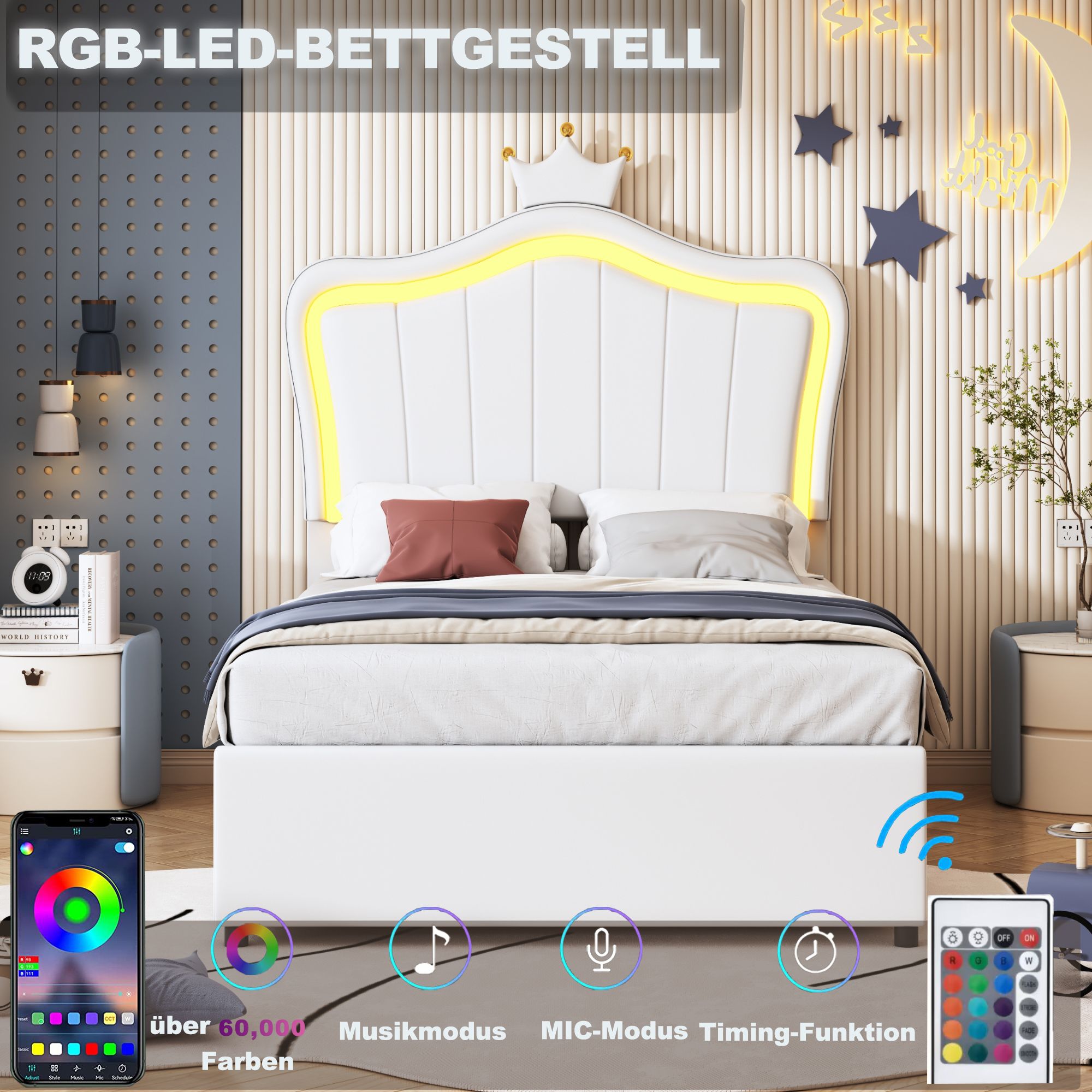 Flieks Polsterbett 90x200cm mit Lattenrost, Jugendbett Kinderbett mit Led, Einzelbett mit Kronenformung, Hydraulisches Stauraumbett, PU, Weiß