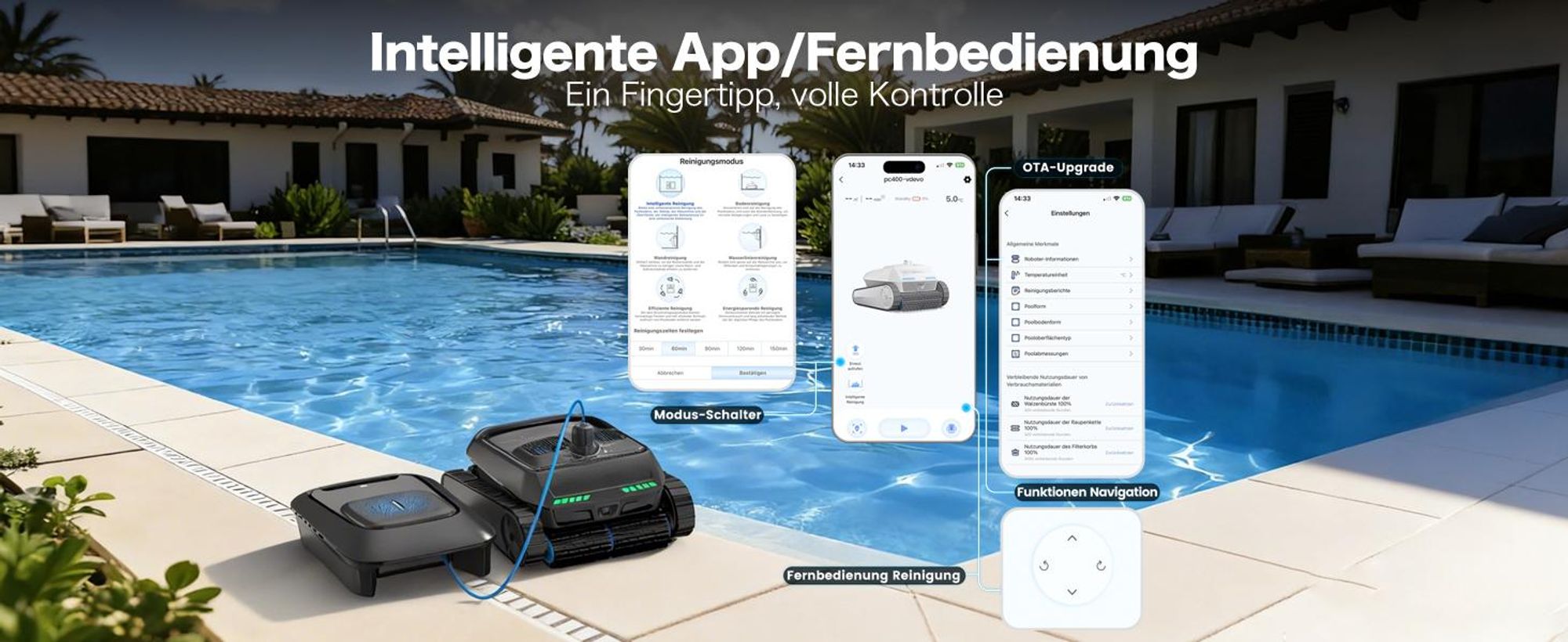 AIRROBO CP400 Poolroboter, Intelligente Navigation, Selbsteinparkfunktion, All-in-One Poolreinigung für Wasseroberfläche/Boden/Wand/Wasserlinie