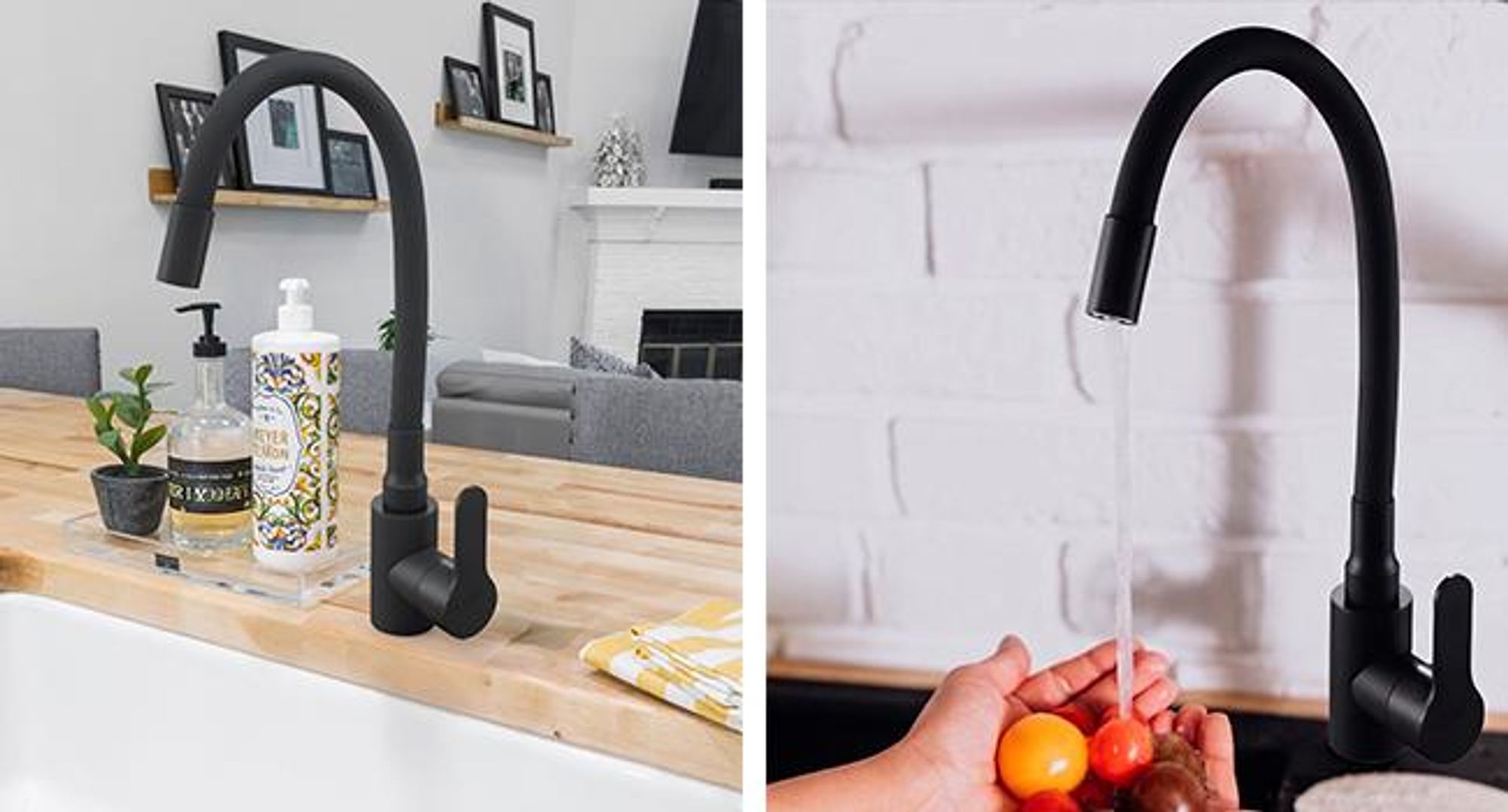 KRUMAD Küchenarmatur, Wasserhahn Küche Schwarz, Wasserhahn Spüle, Küchenwasserhahn mit Schlauch, moderne Armatur für Küchenspülen