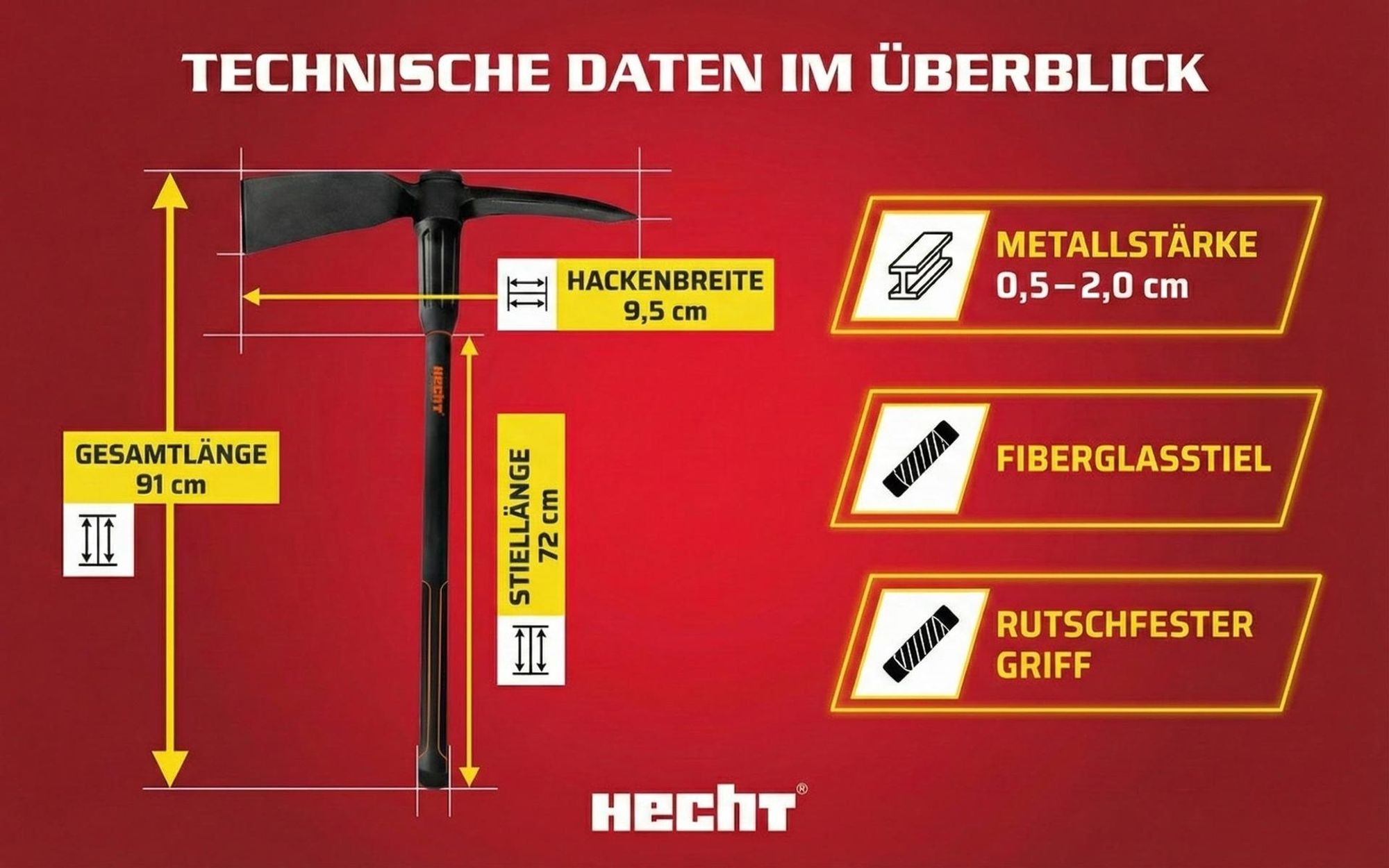 HECHT 909100 Spitzhacke mit Stiel Kreuzhacke | 91 cm Länge | Fiberglaskern | 2 cm Metallstärke