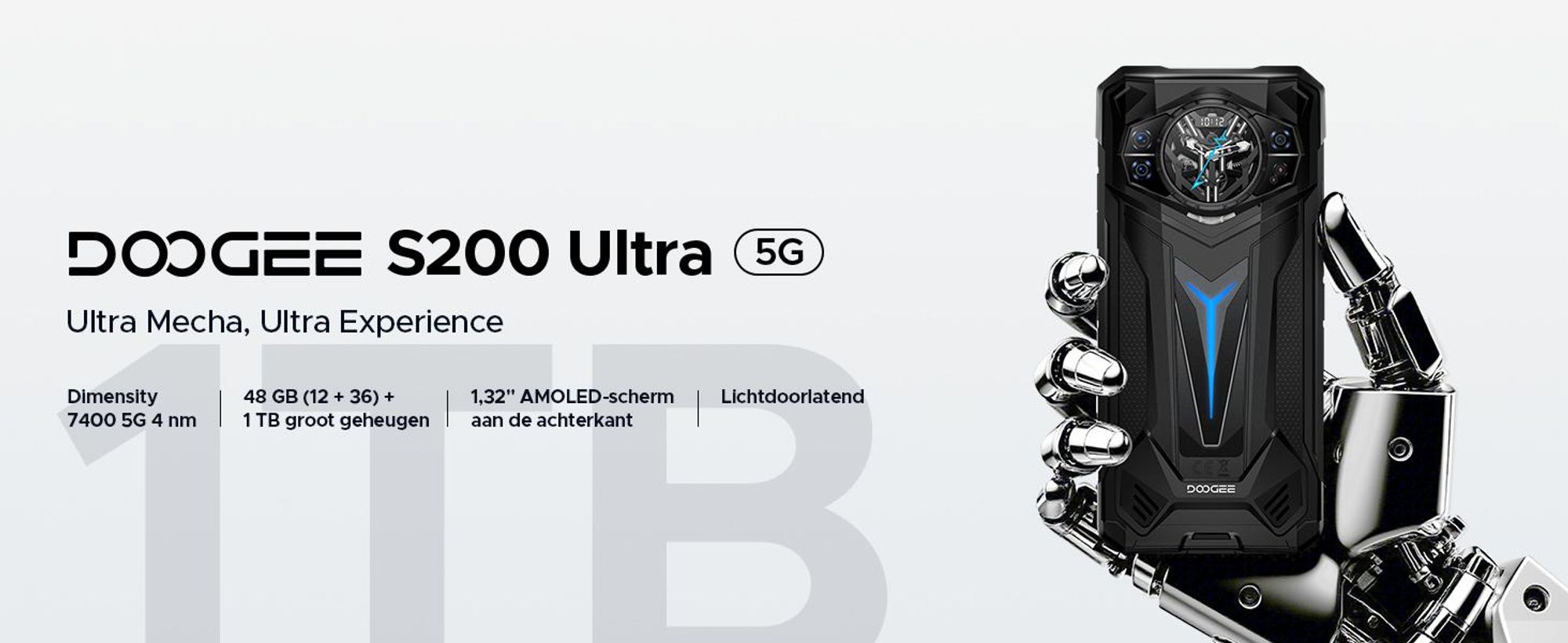 DOOGEE S200 Ultra robuuste smartphone, 5G, IP68/IP69K, 6,72" 120Hz, 1,32" AMOLED-scherm, 11000mAh batterij, 66W opladen, 48GB+1TB opslag, 100MP camera