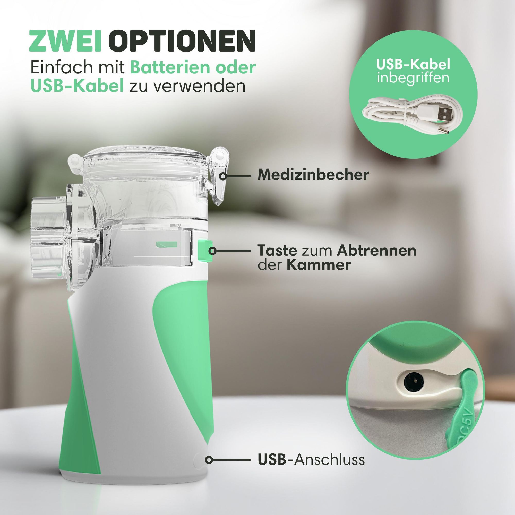 Vulpes Goods Elektryczny inhalator | Poręczne inhalatory dla dorosłych i dzieci | Przenośny inhalator z nebulizatorem W zestawie 3 ustniki i torba pod