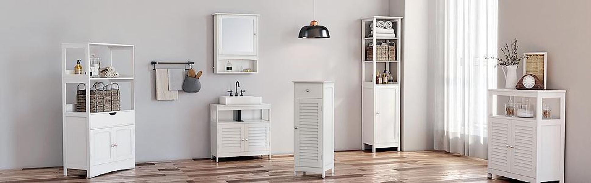 VASAGLE Hochschrank Holz mit Schublade, Badschrank mit Lamellentür weiß
