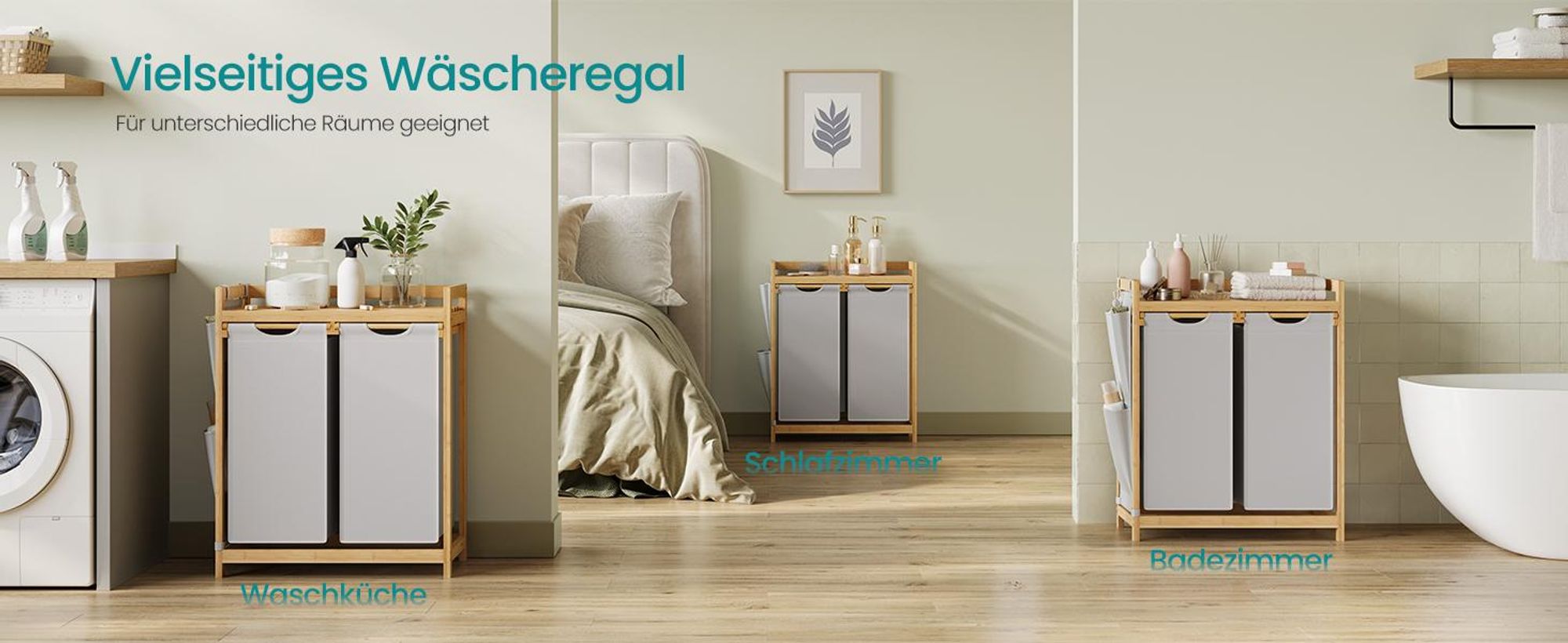 SONGMICS Wäschekorb 2 Fächer, Bambus, Wäschesammler 100 L, Wäschesortierer, mit Ablage, Wäschesack, kleine seitliche Taschen, Wäscheregal