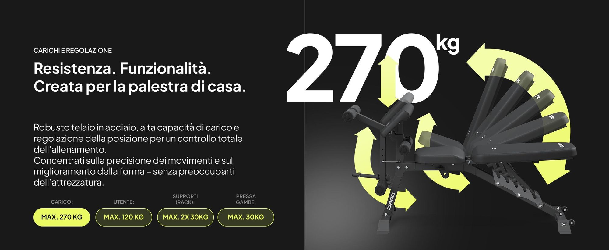 Set panca pesi Zipro Superset – Con supporto pesi indipendente incl. curl pulpit & leg trainer Panca inclinata regolabile & panca negativa Portata fino a 270 kg