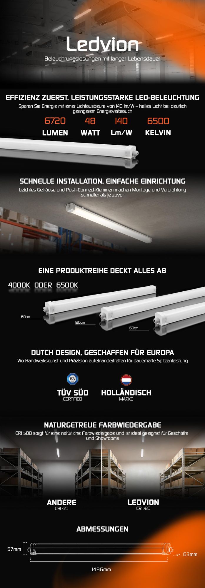 Ledvion 6er Set Feuchtraumleuchte LED 150cm 48W 130lm/W 6500K IP65
