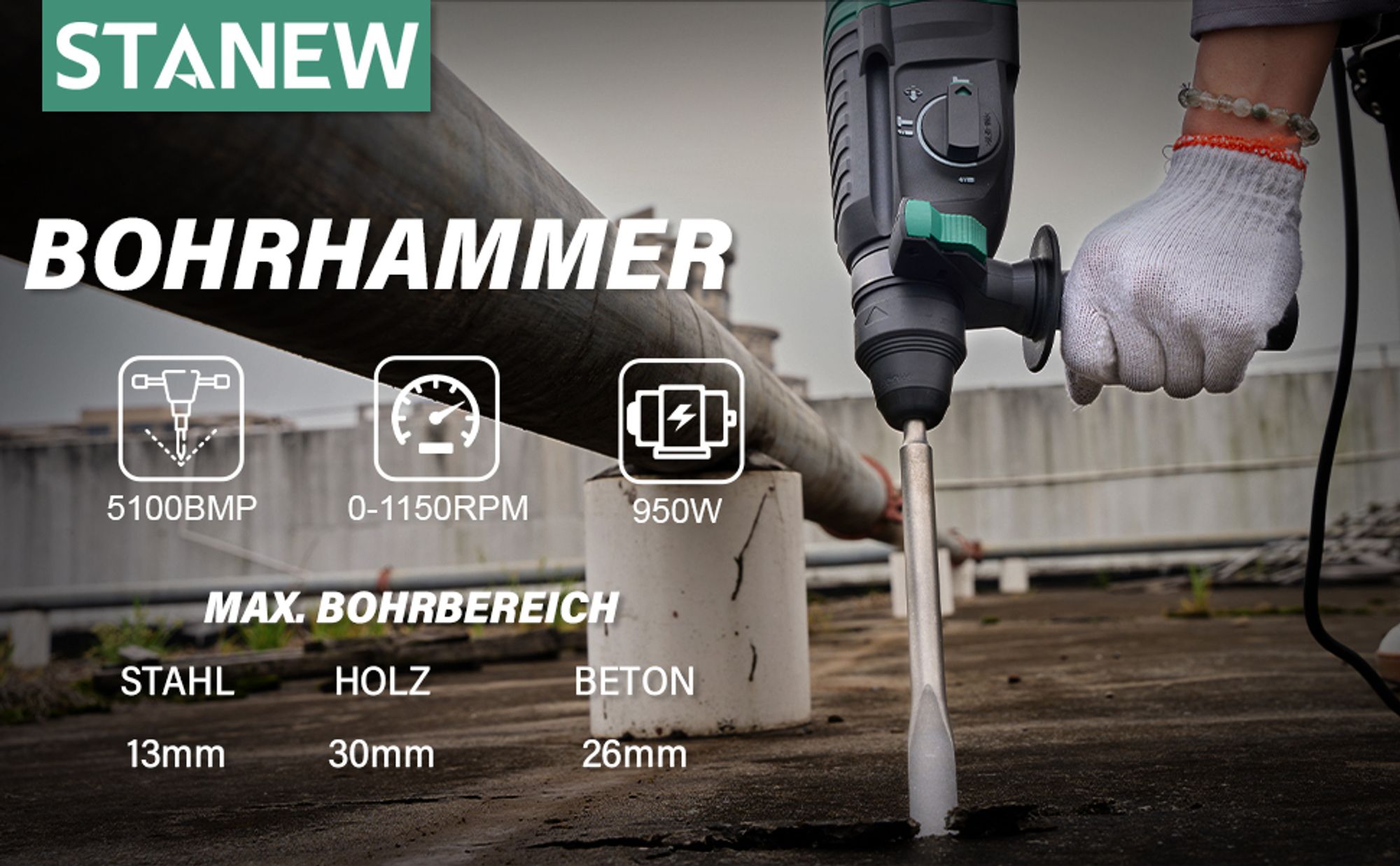 STANEW Bohrhammer 950 W SDS Plus, 0–1150 U/min/5100 BPM, Bohrmaschine mit 4 Funktionen & Sicherheitskupplung, Kabelgebundener Stemmhammer mit variable Geschwindigkeit, Beton, Stahl, Holz