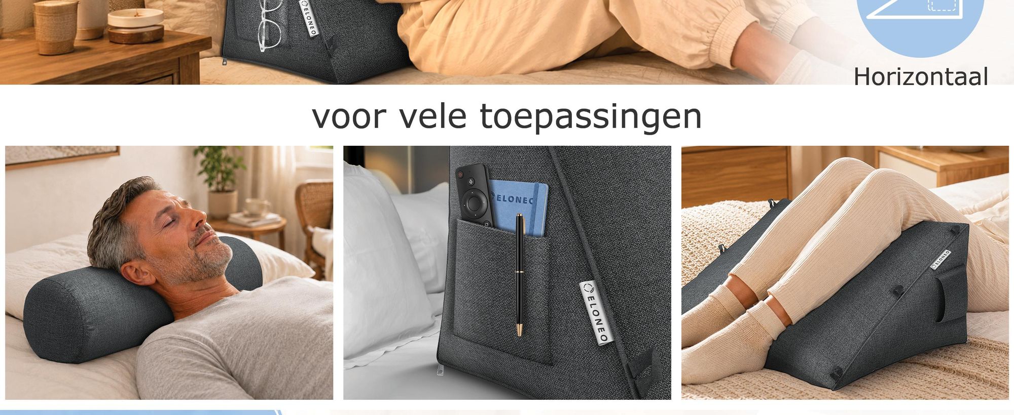 ELONEO rugkussen met afneembaar neksteun en zijvak, rugsteunkussen met wasbare hoes