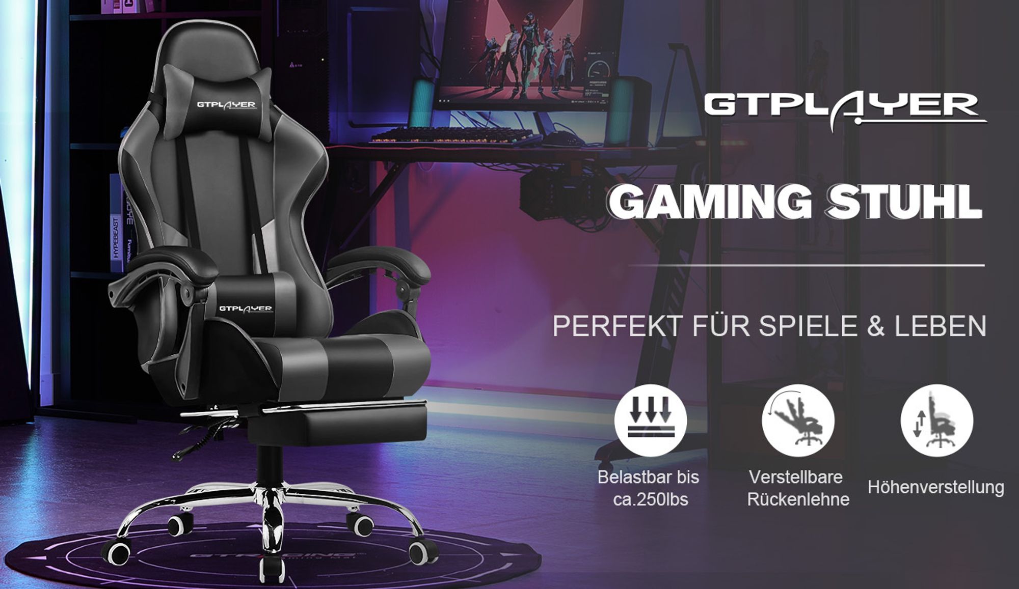 GTPLAYER Gaming-Stuhl Schreibtischstuhl, Ergonomischer Bürostuhl Mit Massagefunktion und Fußstütze, Gestänge Handlauf, Fußkreuz aus Stahl, Grau