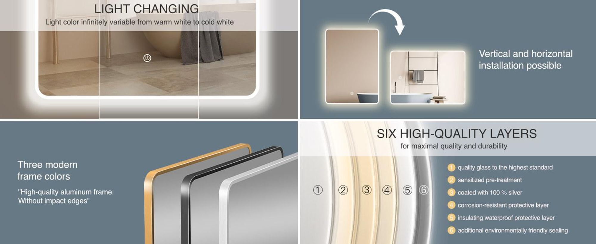 HOKO specchio da bagno 70x100cm con cornice+interruttore a sfioramento+cambio di luce bianco caldo-bianco freddo-neutro con interruttore a sfioramento e commutabile con interruttore a parete