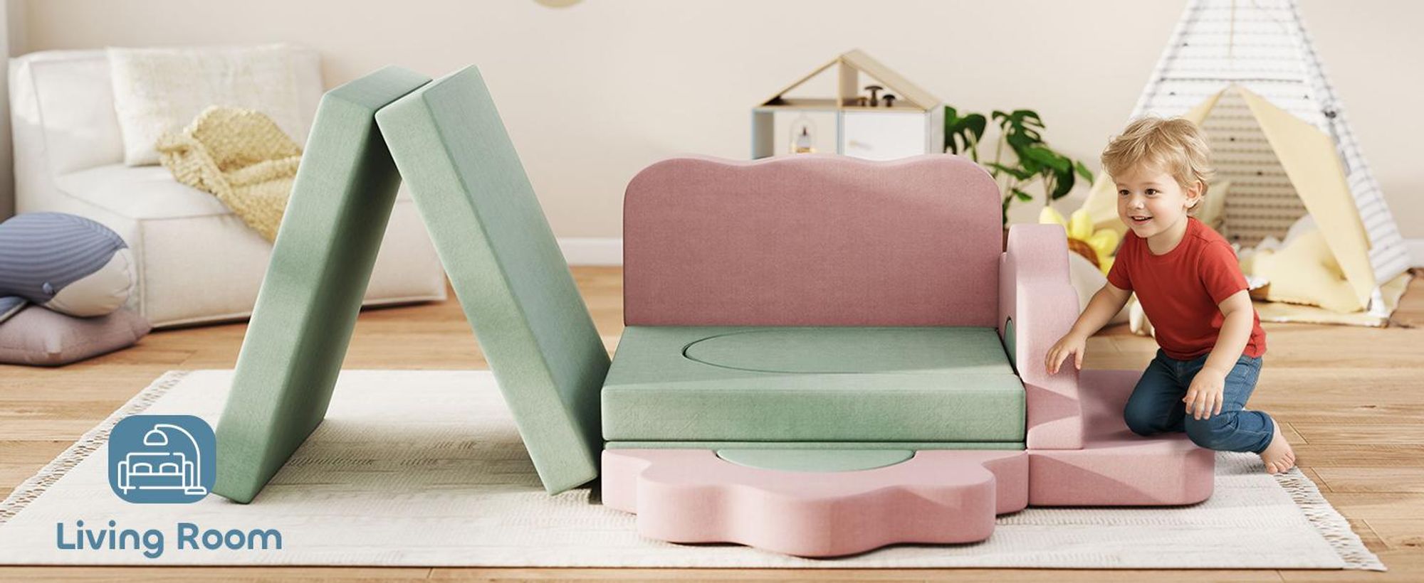 Sofa do zabawy AIYAPLAY, sofa dziecięca wykonana z piankowych klocków konstrukcyjnych 12 elementów, miękkie klocki do wspinaczki z basenem z piłeczkami, zestaw klocków, duże klocki, piankowe klocki do wspinaczki dla dzieci w kolorze sztruksu, zielone