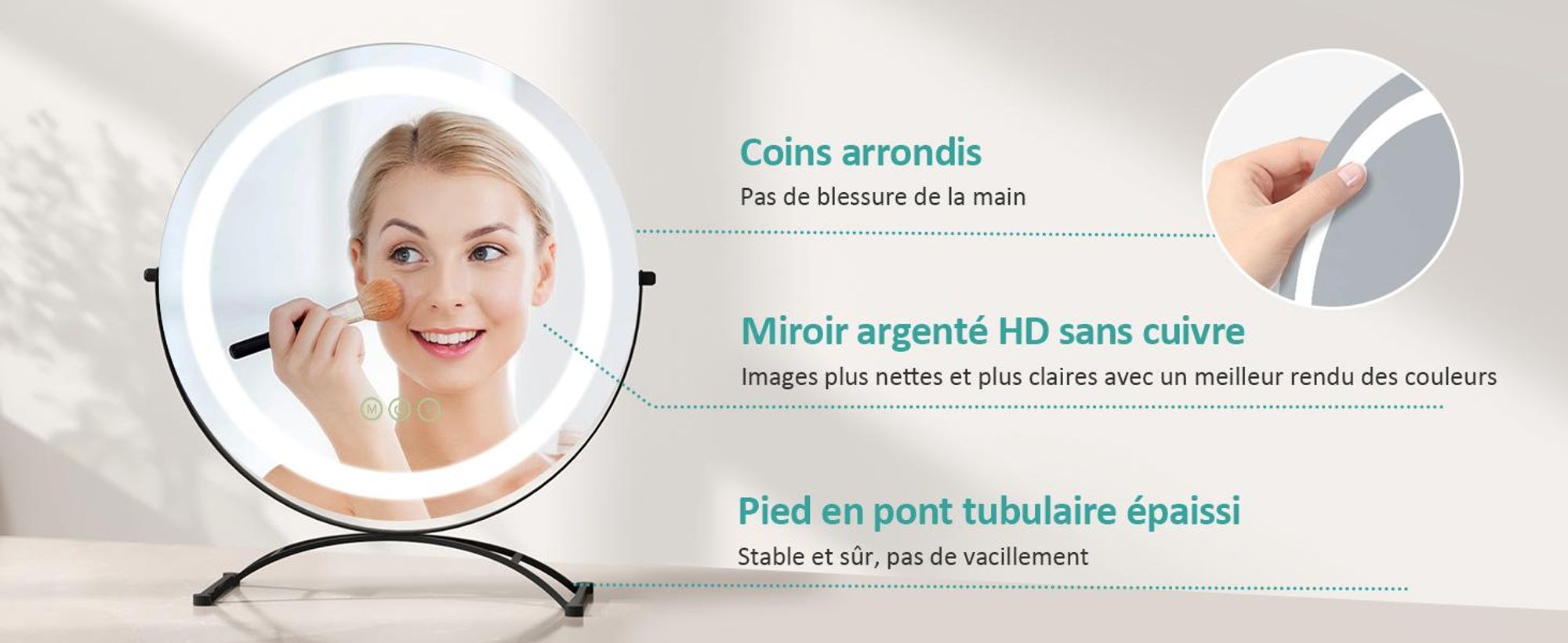 EMKE Miroir de maquillage avec éclairage, miroir Hollywood avec 3 couleurs de lumière, contrôle smart touch Miroir de maquillage avec lumière pivotant à 360°, luminosité réglable et fonction mémoire (Φ400mm, noir)