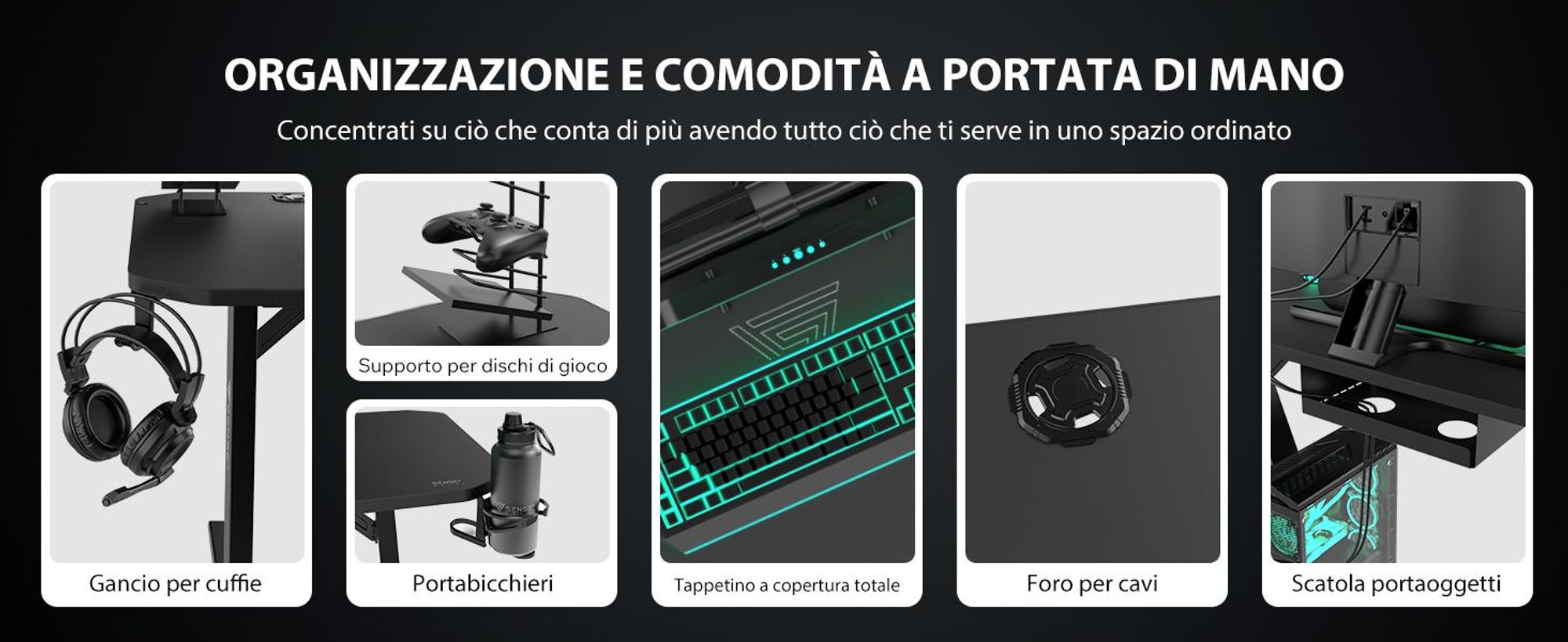 Tavolo da gaming SENSE7 Nomad Classic - Scrivania 120x60 cm con tappetino per mouse XXL - Tavolo per computer, tavolo per PC, scrivania da gaming, tavolo per giocatori - Gestione cavi - Nero