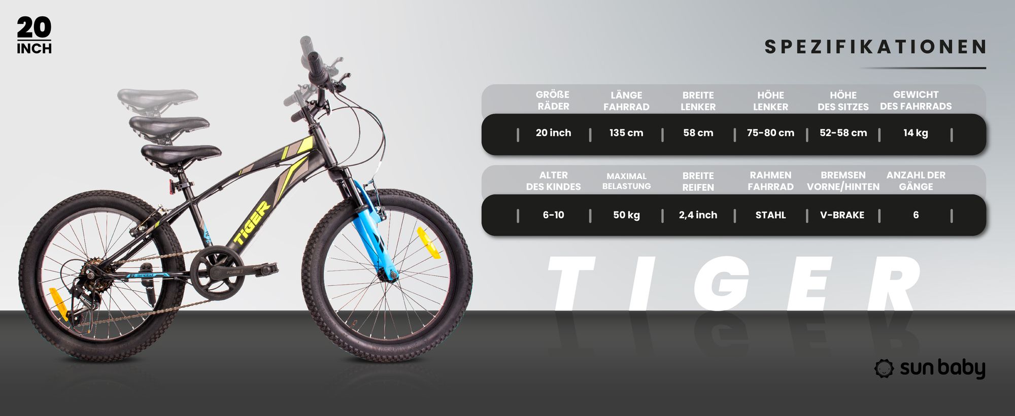 Sun baby Jungenfahrrad 20 Zoll Radgröße Kinderfahrrad Tiger Bike Jungen, zur Auswahl 6 Gang Shimano, von 6 bis 10 Jahre verstellbare (Schwarz Grün Blau)