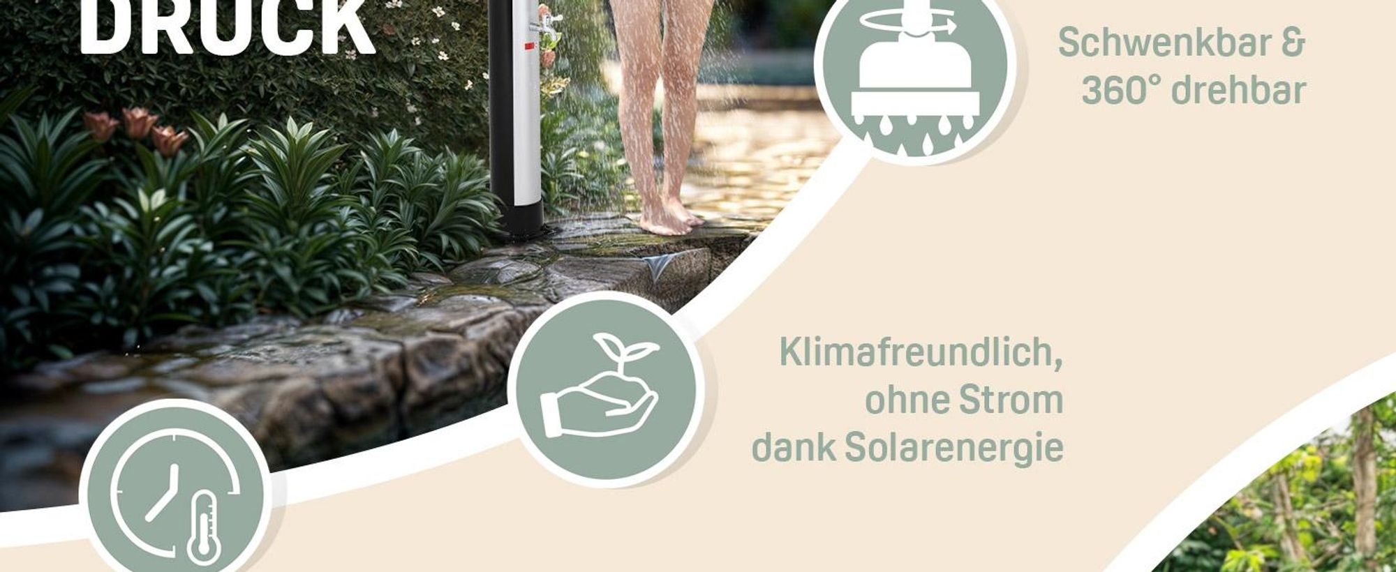 MONZANA Solardusche 35L für Garten, 216 cm hoch, UV-beständig, schwenkbarer Duschkopf & Wasserhahn