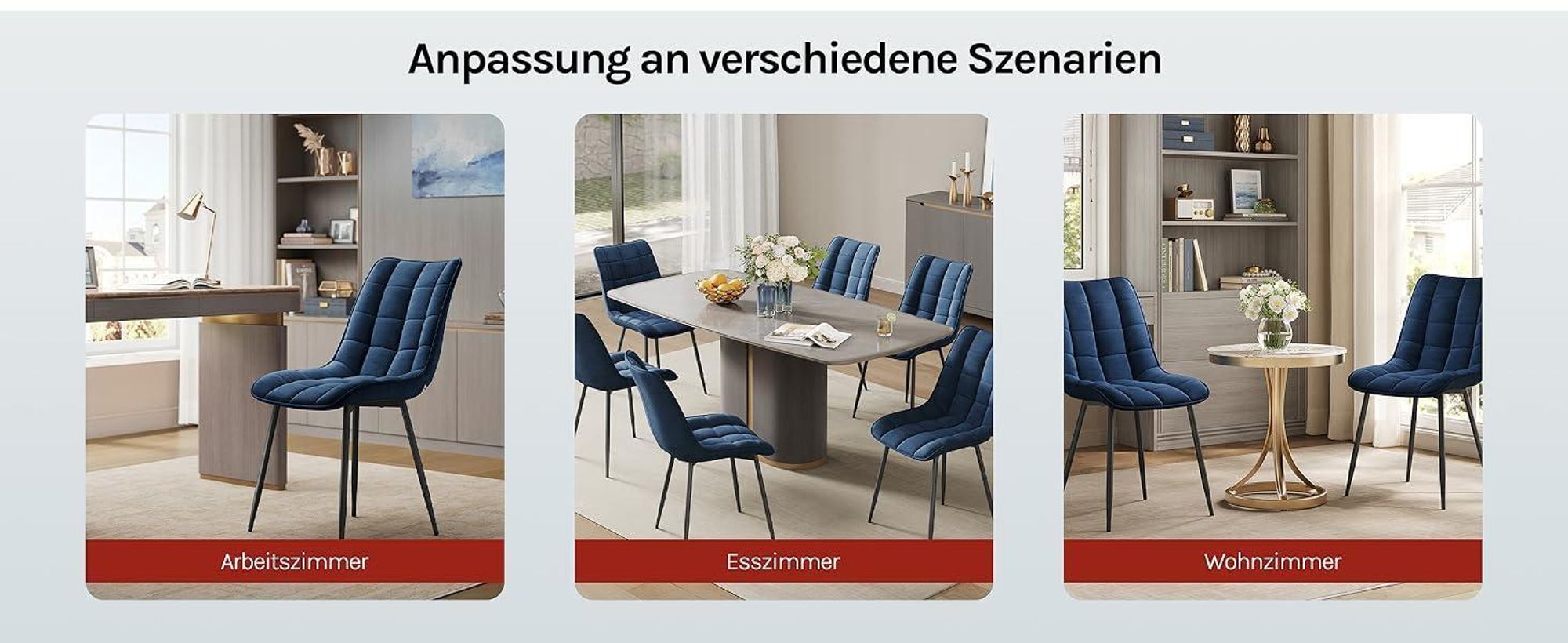WOLTU Esszimmerstühle 2er-Set, Polsterstuhl mit Rückenlehne, bis 150 kg belastbar, Sitzfläche aus Samt, Metallbeine, Blau
