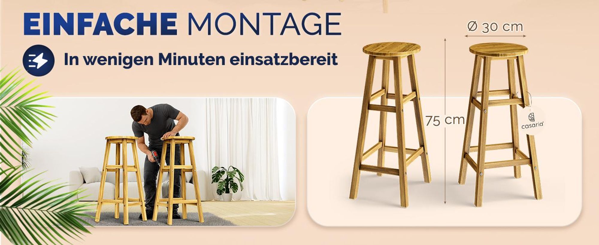 Set aus zwei Barhockern, Akazienholz, 34 cm x 34 cm x 76 cm