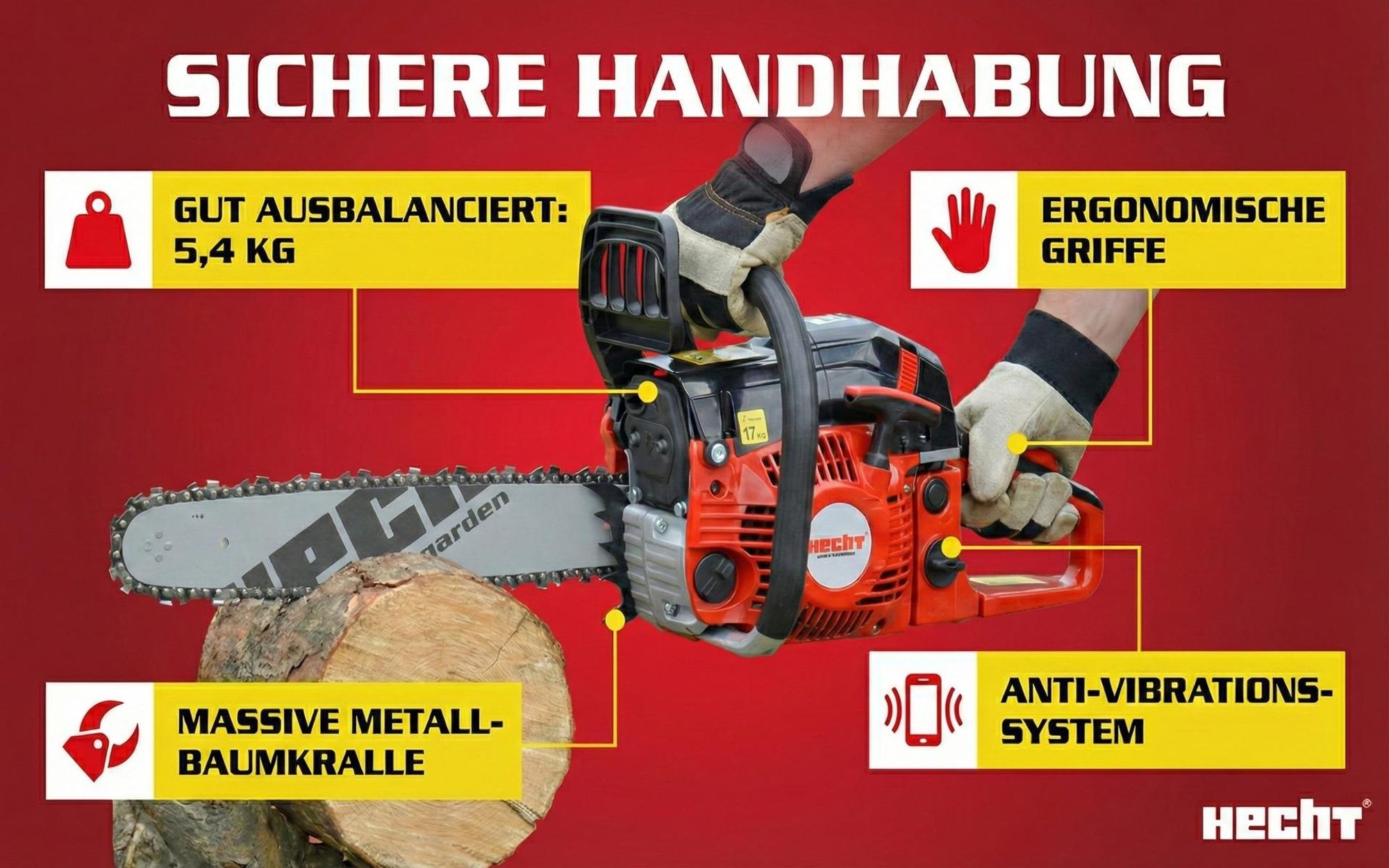 Kettensäge Motorsäge Benzin HECHT 62 | 45cm Schwert 40cm Schnitt Länge | 2,9kW / 4PS | S20,8 m/s | Baumkralle & Umlenkstern