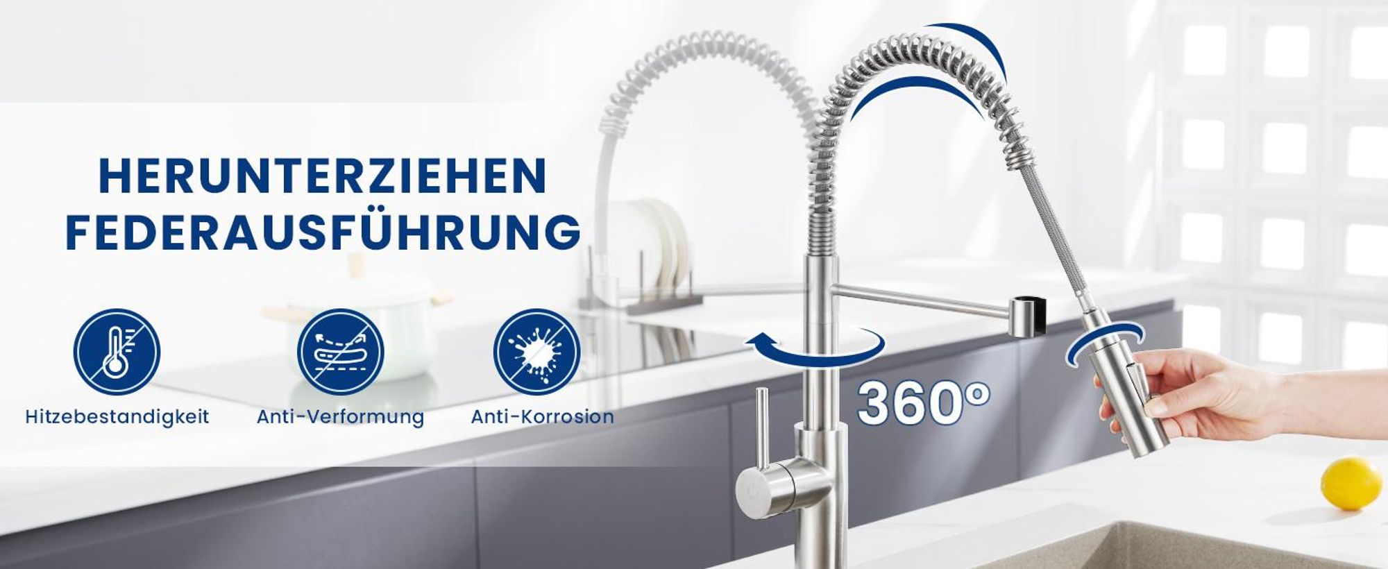 Wasserhahn Küche Spiralfederarmatur, 2 Strahlarten Spültischarmatur Gebürstet, 360° Drehbar 304 Edelstahl Küchenarmatur Cecipa, Einhandmischer