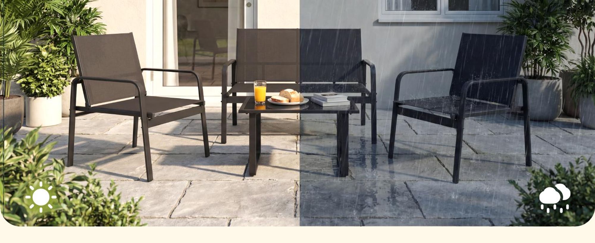 Mondeer Gartenmöbel-Set 4-teilig, Sitzgruppe mit Armlehnen & Glas-Tisch, Wetterbeständig für Balkon Terrasse Schwarz