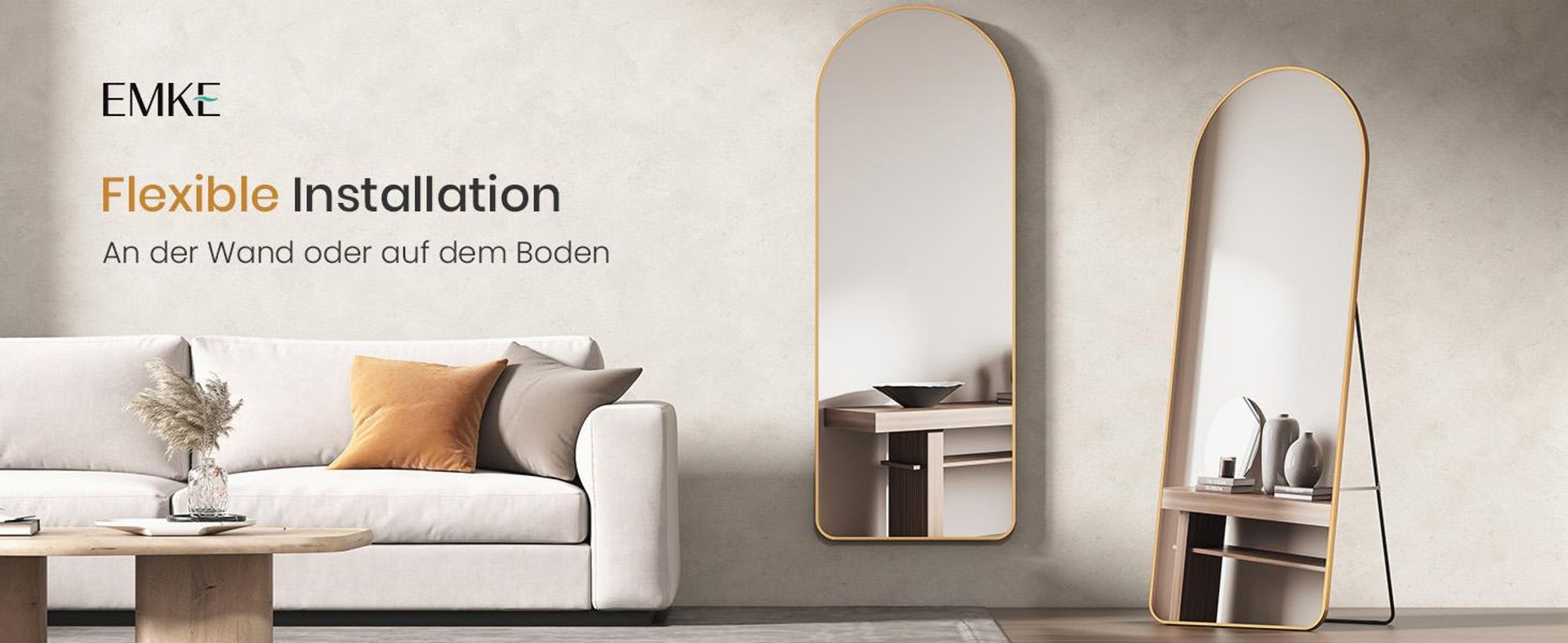 EMKE Standspiegel 160x60cm Ganzkörperspiegel Gold Aluminium Rahmen Spiegel Gewölbter Ankleidespiegel mit Explosionsgeschützte Fensterfolie