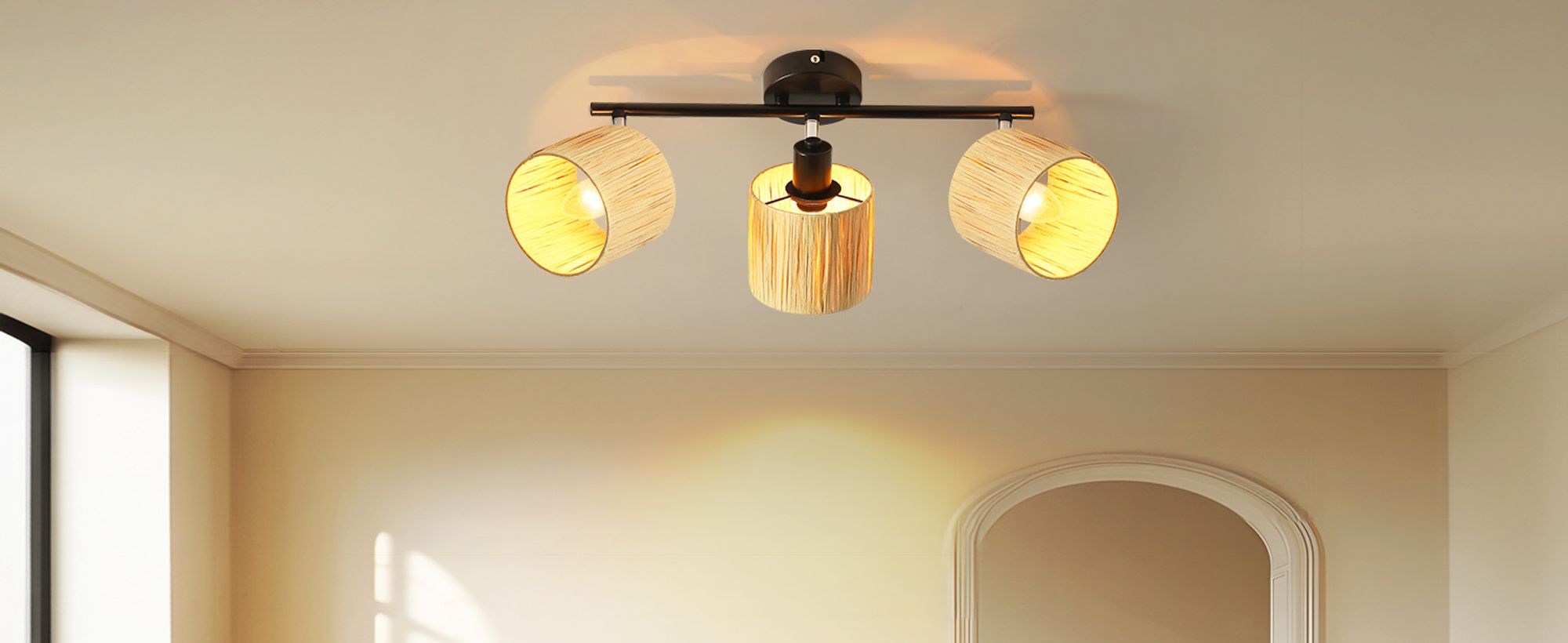 ZMH Deckenstrahler 3 Flammig Deckenleuchte Flur Deckenlampe Vintage Deckenspots Schwarz Natürlich E14 Strahler Innen Papier 350°Schwenkbar Spots für Schlafzimmer Wohnzimmer(Ohne Leuchtmittel)