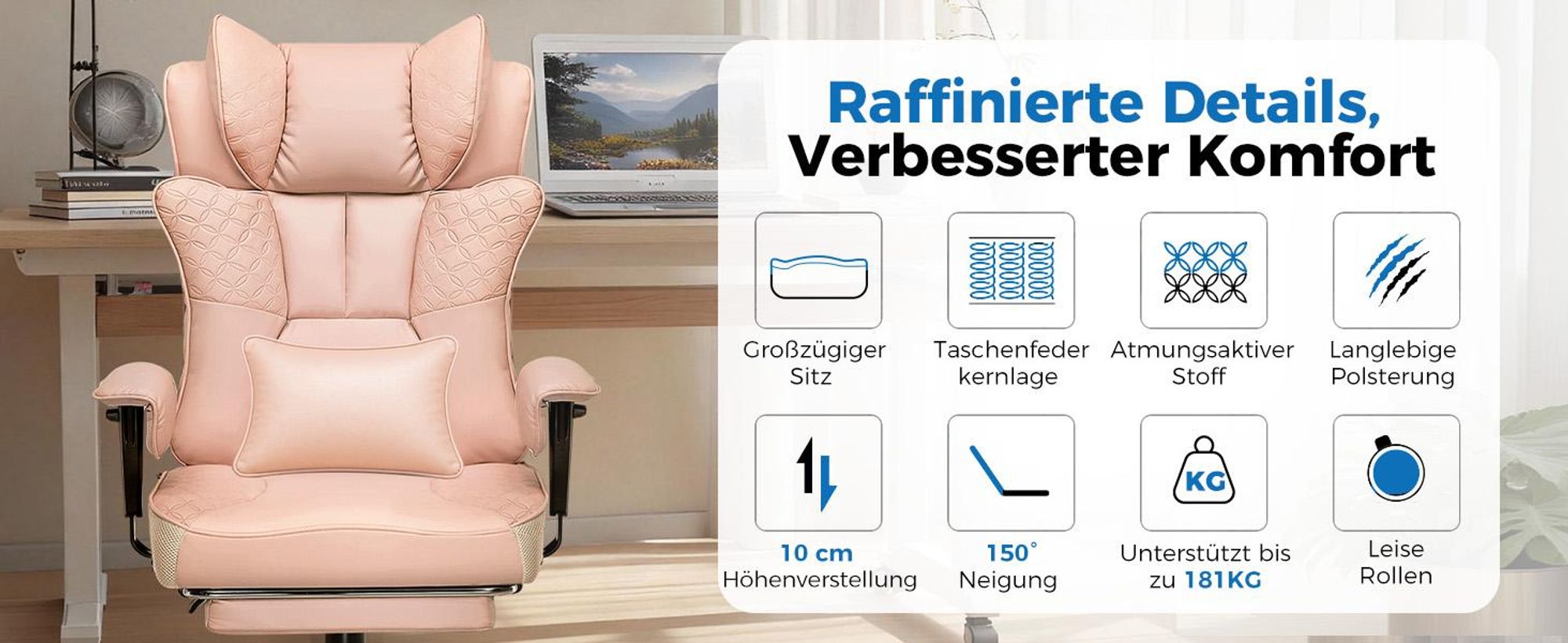 GTPLAYER Gaming Stuhl, Ergonomischer Bürostuhl mit Fußstütze, 150° Verstellbare Rückenlehne & Armlehnen, Computerstuhl Chefsessel, 180KG, ROSA