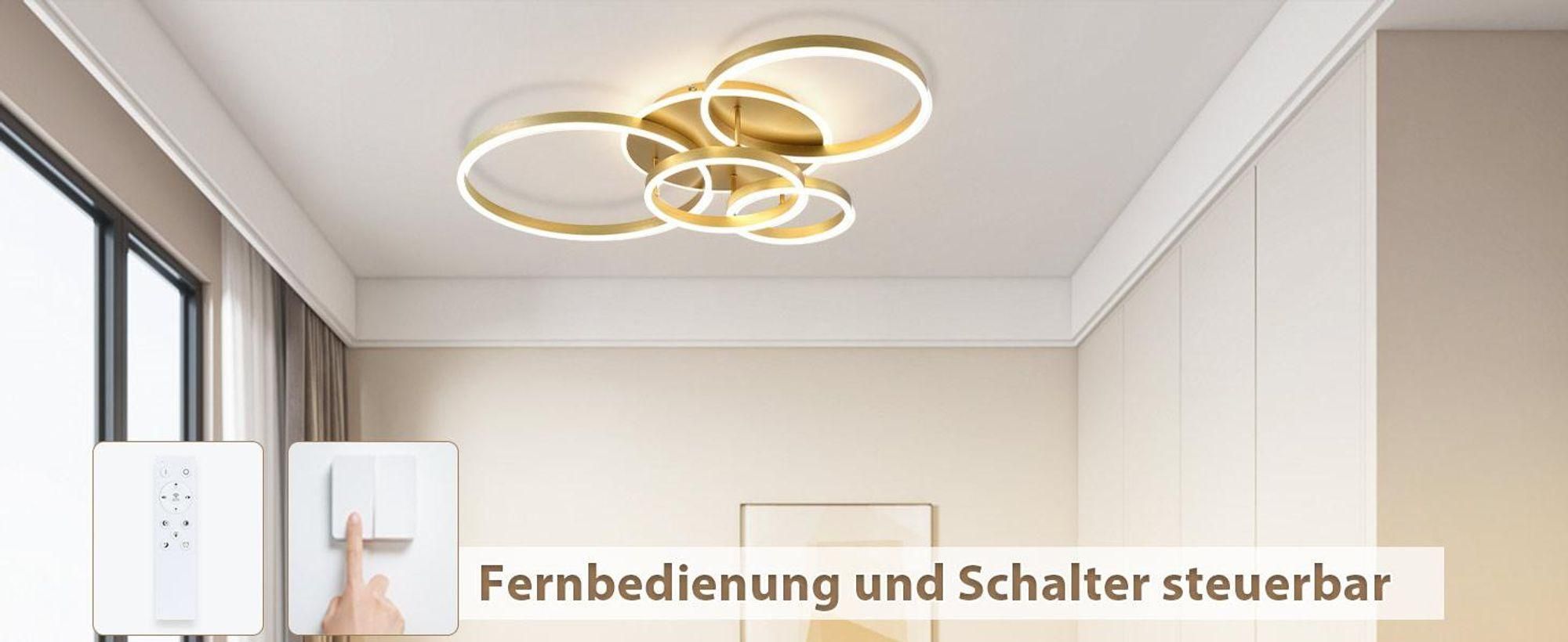 ZMH LED Deckenleuchte 98CM Deckenleuchten 90W Dimmbar Deckenlampe mit Fernbedienung Gold 4 Ring Deckenbeleuchtung für Schlafzimmer Küche