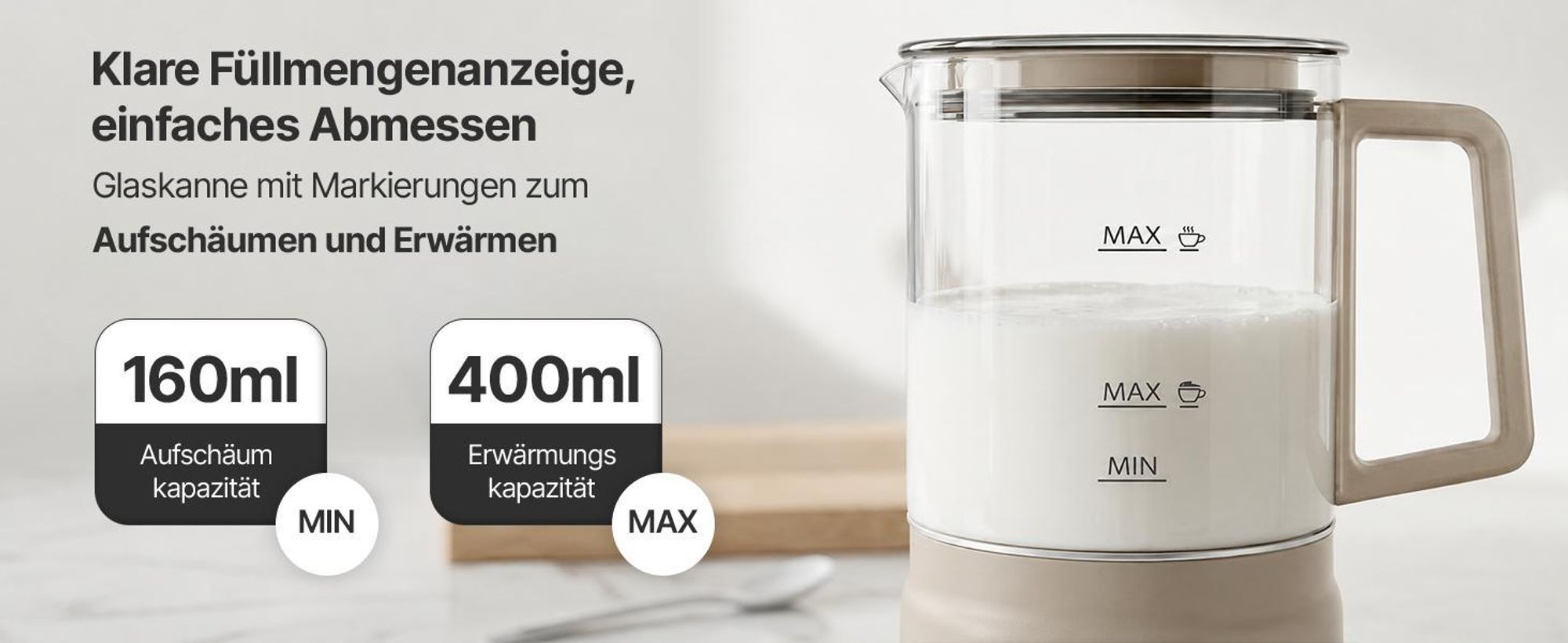 Olvy Elektrischer Milchaufschäumer aus Glas 4-in-1, 500 W, Temperaturanzeige, 160 ml Milchschaum, 400 ml Milcherhitzung, Heiß- & Kaltschaum, Beige