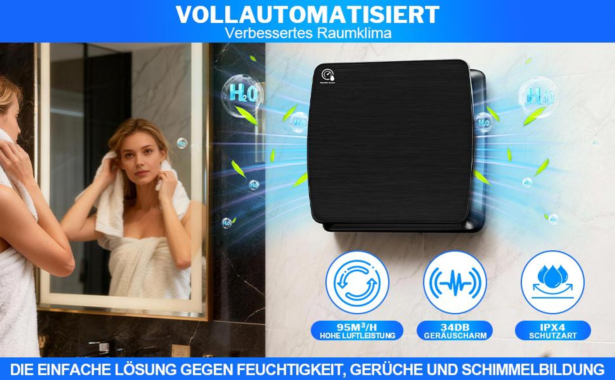 100mm 12W/34db Badlüfter Leiser Wandventilator, 95m³/h Kräftiger mit Feuchtigkeitssensor, Rücklaufklappe Lüfter, Nachlauf für Küche Bad WC, Schwarz