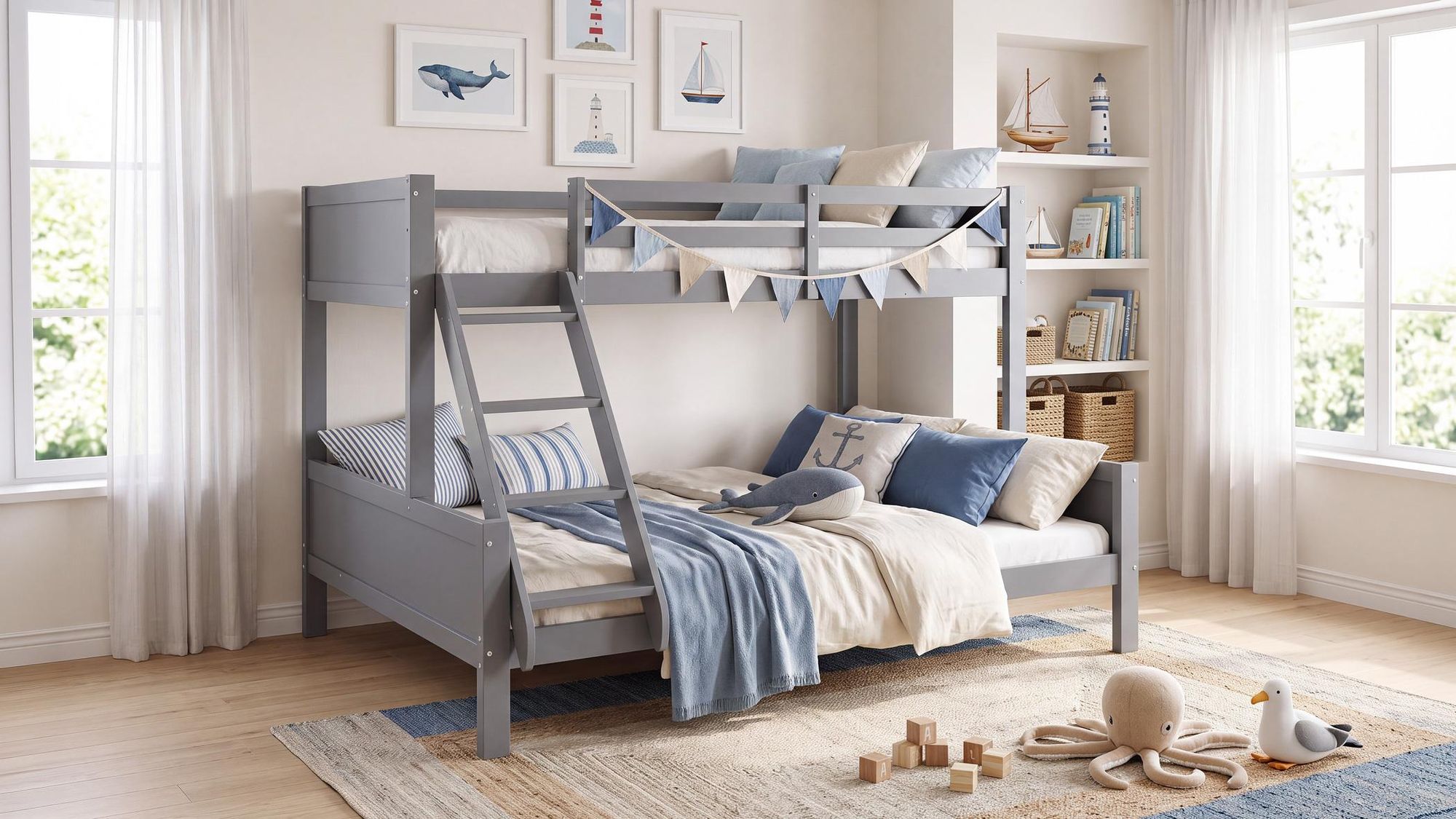 Homestyle4u Etagenbett 90x200 und 140x200 Kinder mit Lattenrost Hochbett Kinderbett Holz 2 Kinder Grau Stockbett Gäste mit Rausfallschutz