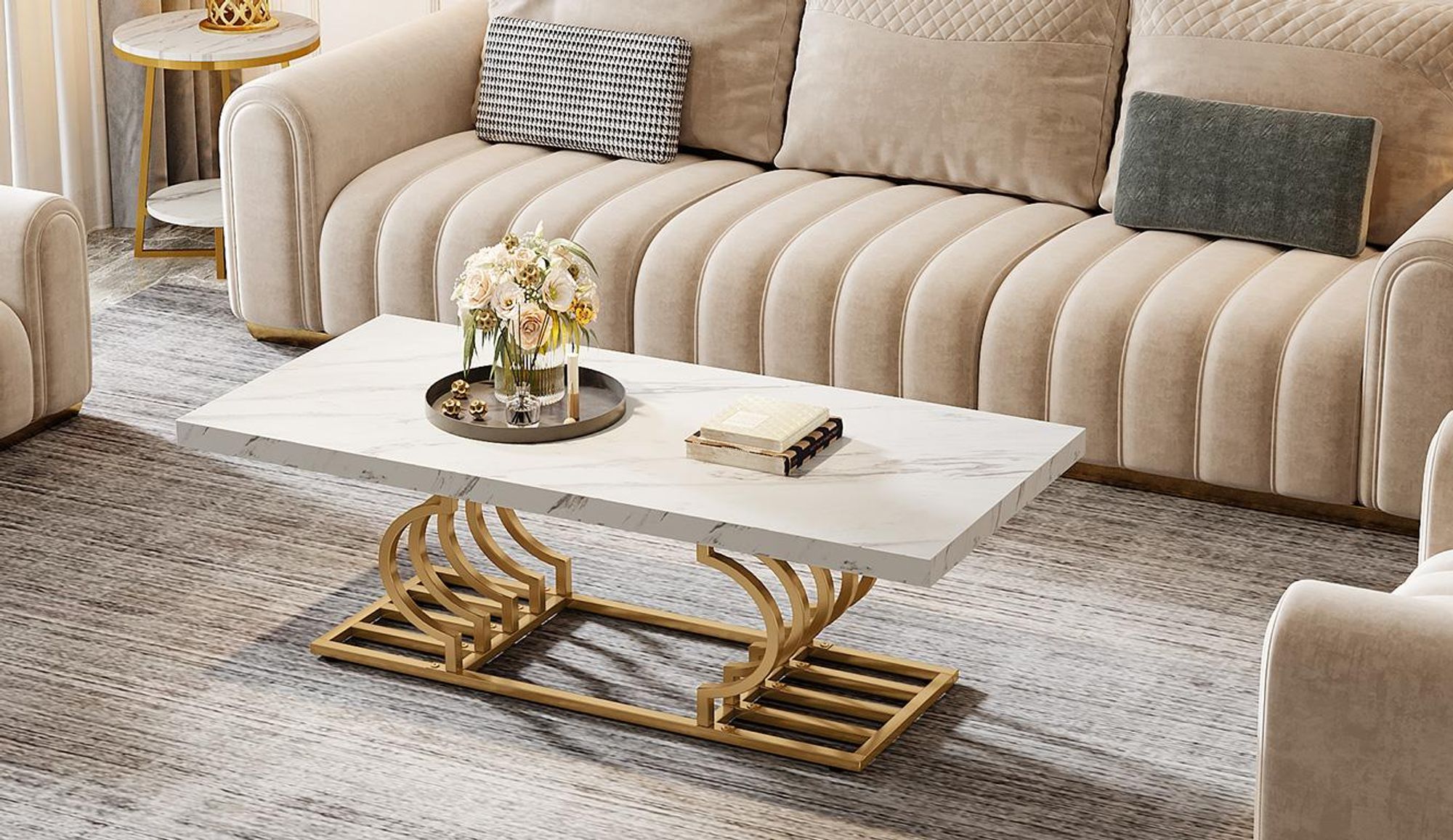 Tribesigns Moderner Couchtisch, Faux Marmor Cocktailtisch mit Geometrischem Gestell,Rechteckiger Mitteltisch Teetisch Akzentmöbel Tisch,Weiß/Gold