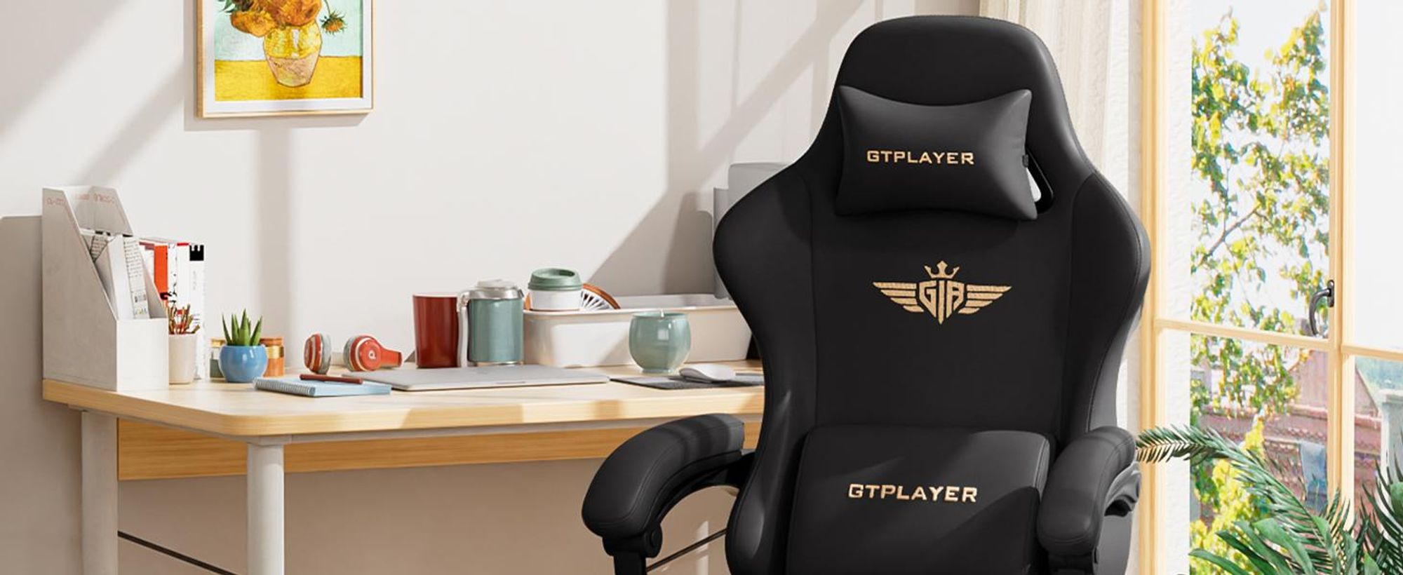 GTPLAYER Gaming Stuhl Ergonomischer Gaming Sessel Schreibtischstuhl Bürostuhl mit Kunstleder Federsitzkissen, Verbindungsarmlehnen, mit Fußstütze