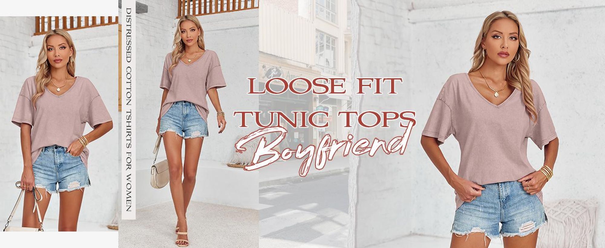 Oversize-T-Shirt für Damen, lockere Passform, reine Baumwolle, V-Ausschnitt, Boyfriend-Stil