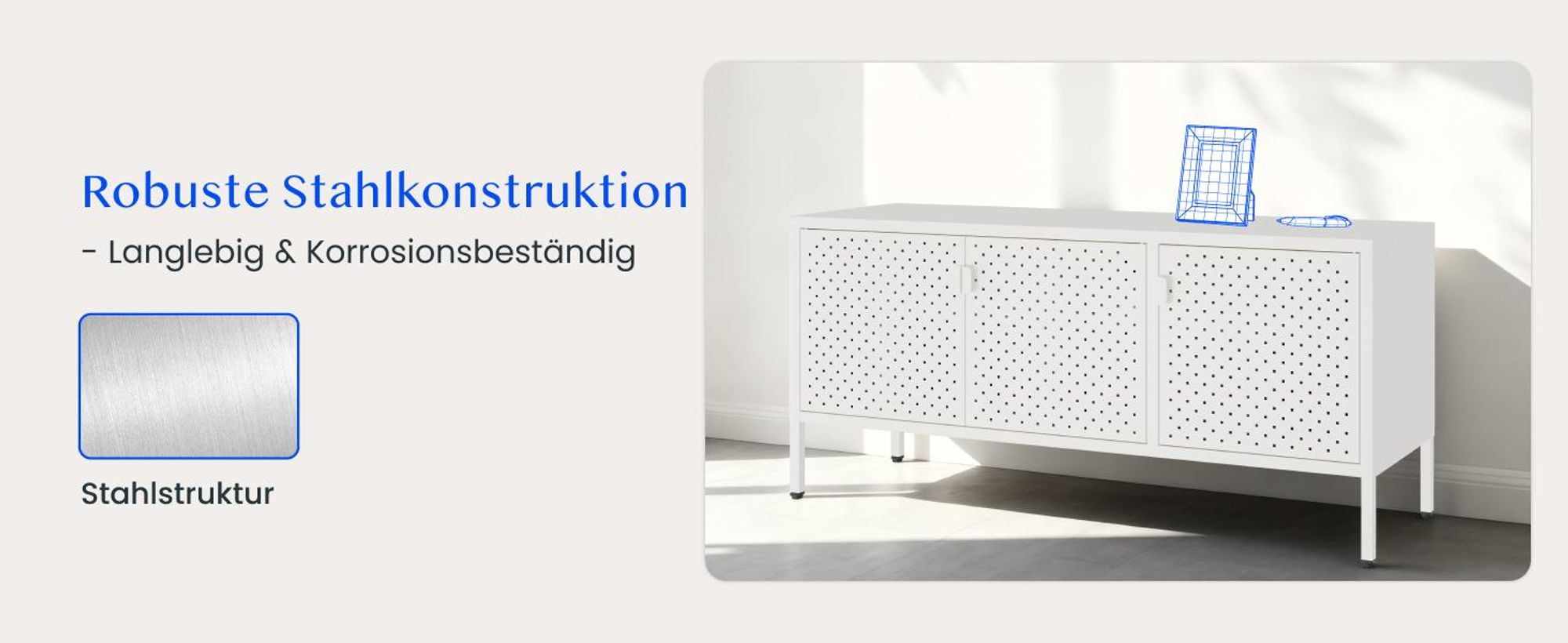 FLEXISPOT TV Schrank Metall – Sideboard mit Lüftungslöchern, 3 Türen & verstellbaren Füßen für Wohnzimmer, Büro, Schlafzimmer, 118x39x55 cm, Weiß