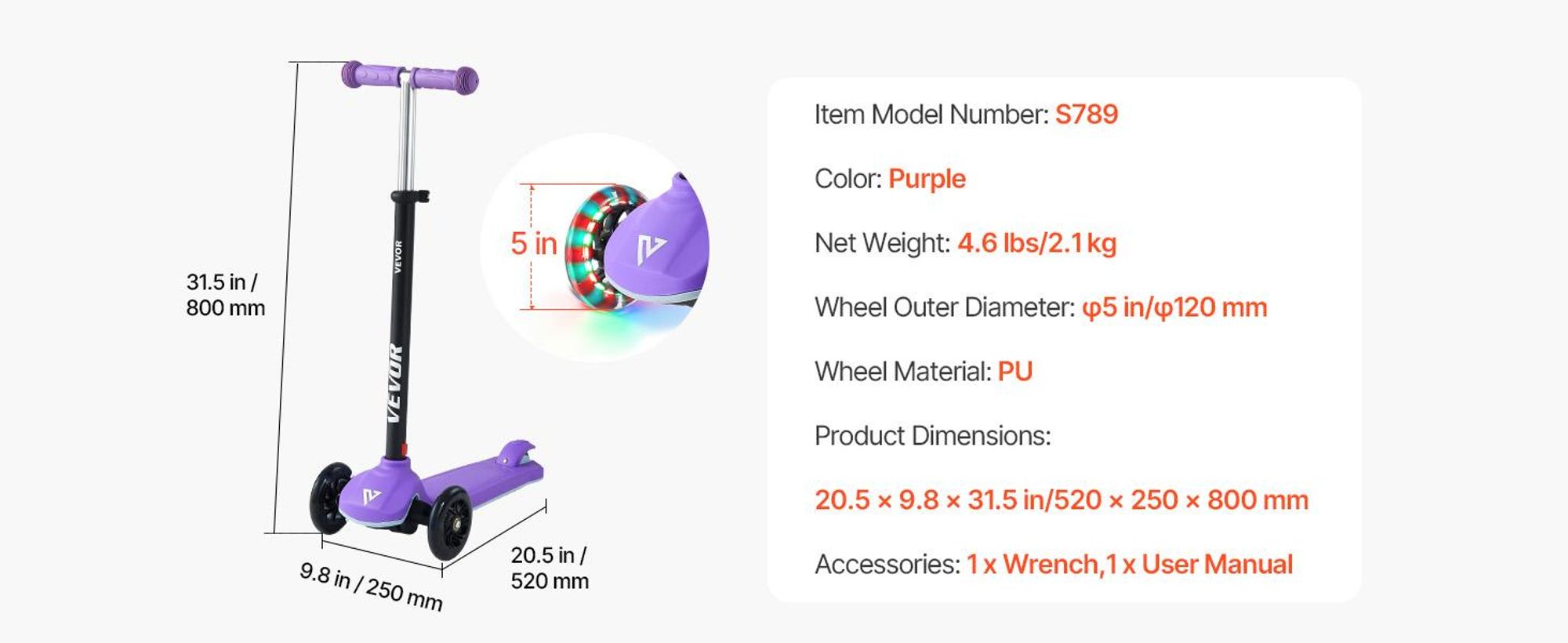 VEVOR Scooter (3 Räder) ab 3 Jahren, Cityroller Kinderroller mit leuchtenden Rädern & höhenverstellbarem Lenker & rutschfestem Deck & leichtem Aluminiumrahmen, Tretroller bis zu 75 kg, Lila