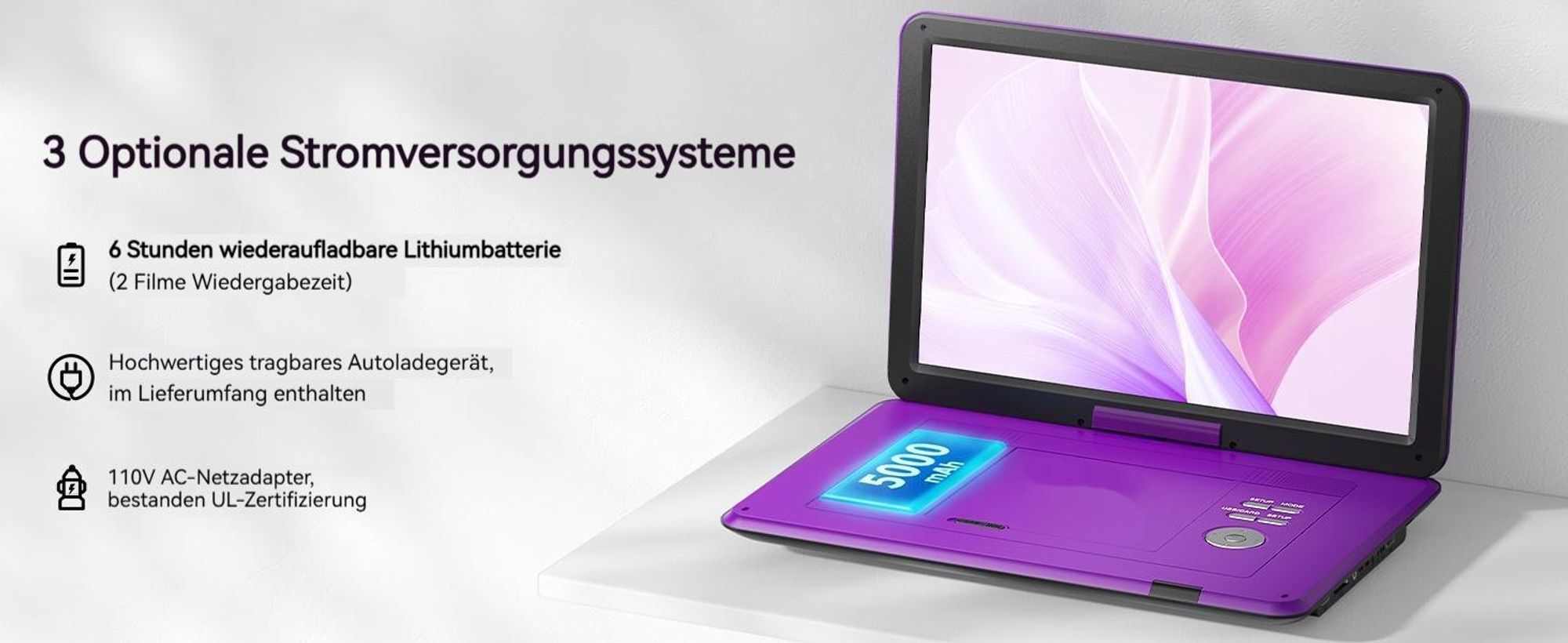 BOIFUN 17.5" Tragbarer DVD-Player Mit 15.6" HD-Schwenkbildschirm Für Das Auto Mit Autoladegerät 6 Stunden Wiederaufladbare Batterie Wiedergabe