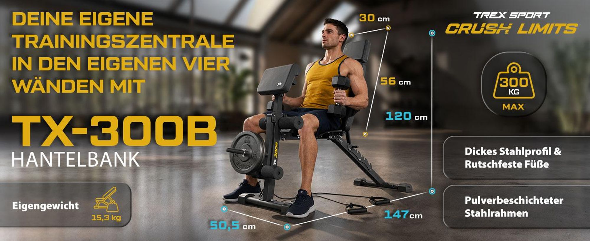 TREX SPORT Hantelbank mit Curlpult und Expander TX-300B | Trainingsbank 8-fach verstellbare Rückenlehne, Beinstrecker | Flachbank, Schrägbank stabil