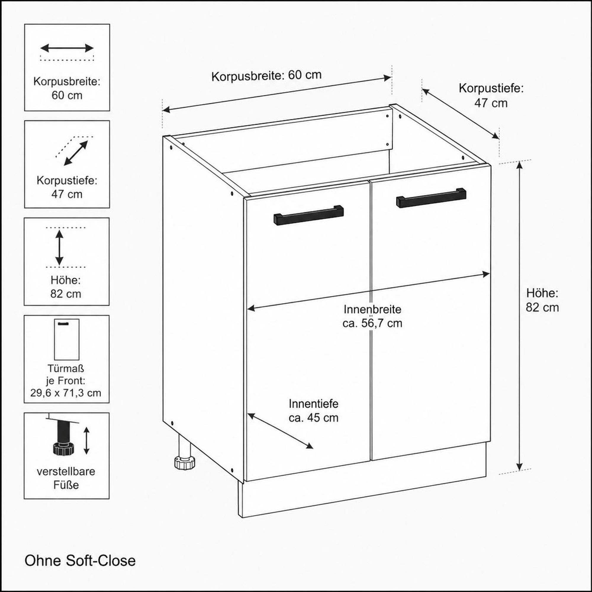 Spülenschrank 60 cm Weiß Hochglanz: Bemaßung, Türmaß & technische Zeichnung.