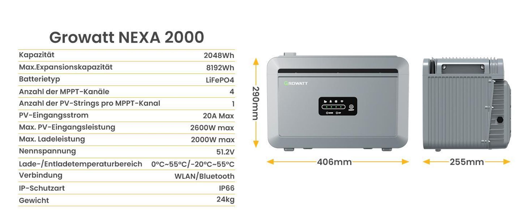 Powerness Balkonkraftwerk mit Speicher, Growatt NEXA 2000 All-in-One 2048Wh Speicher mit 2x 450W Full Black Bifazial Solarmodule (0% MwSt)